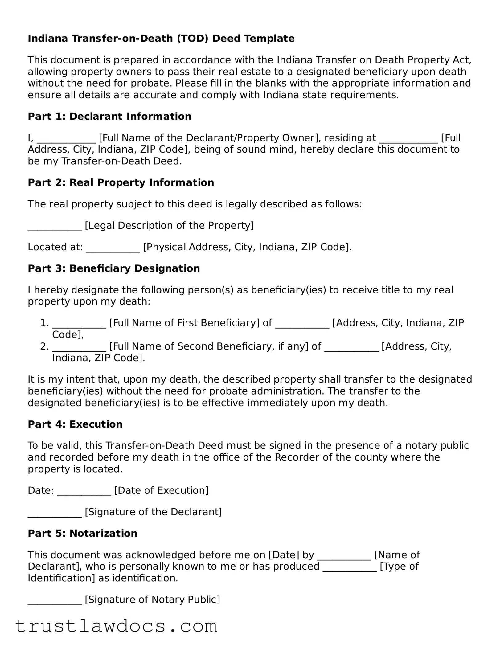 Free  Transfer-on-Death Deed Form for Indiana