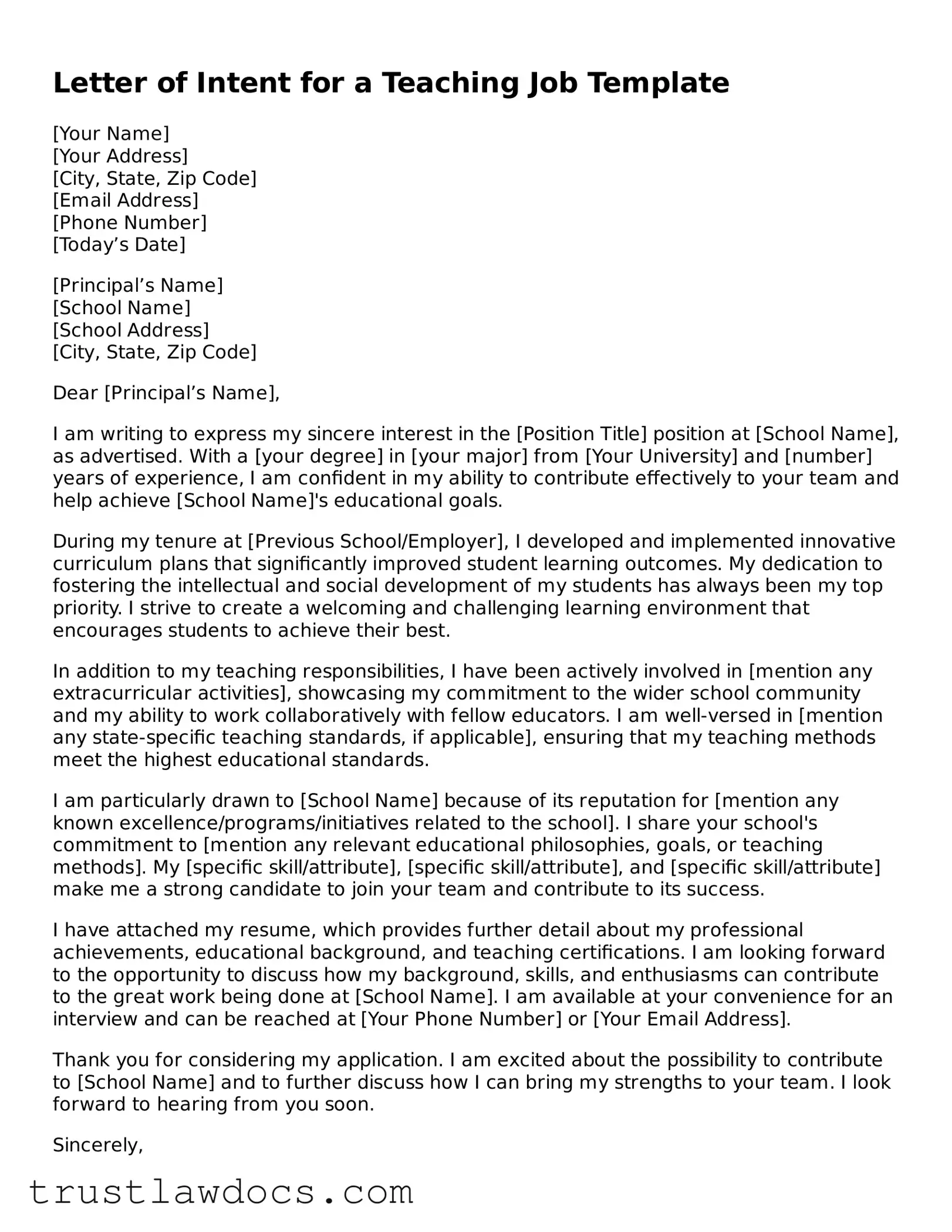 Official Letter of Intent for a Teaching Job Document