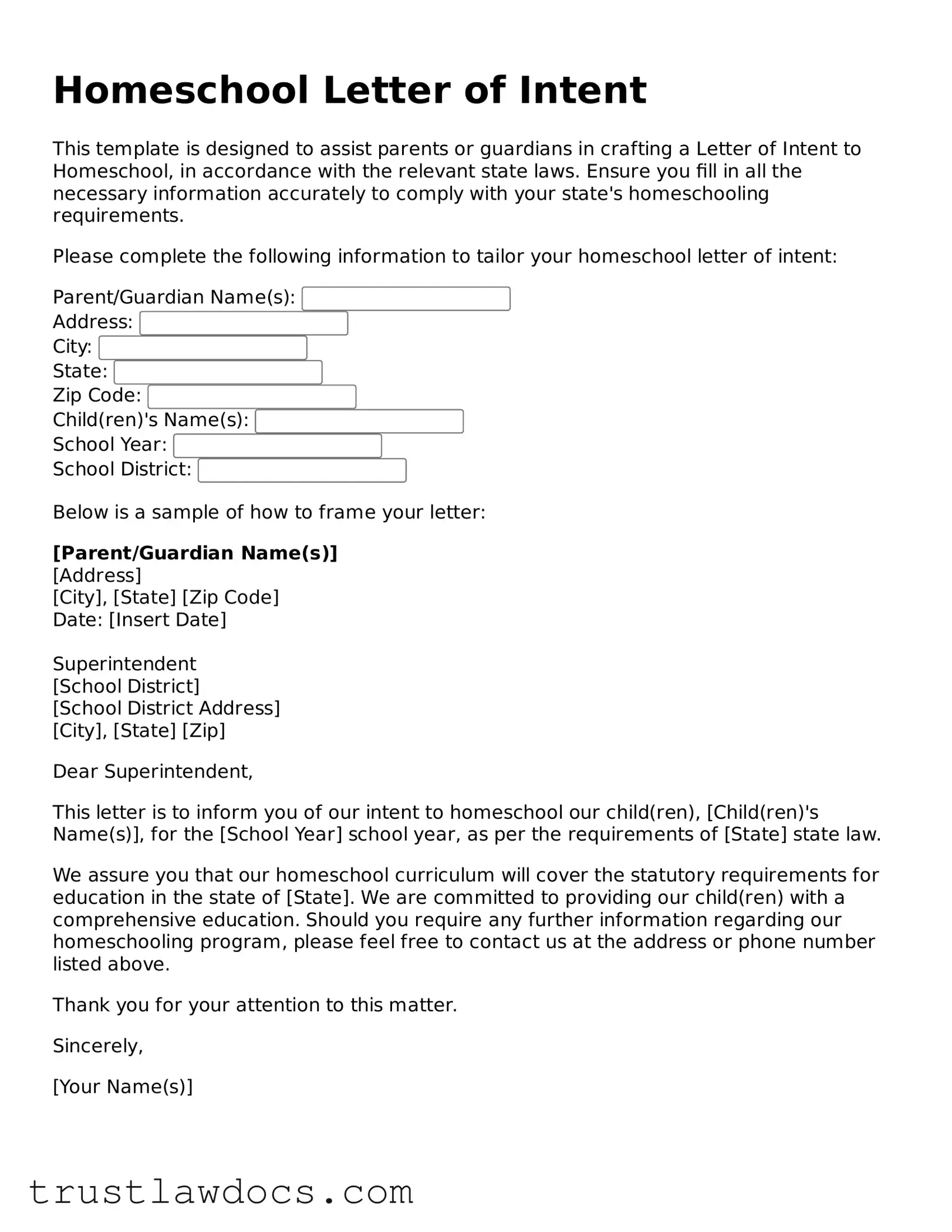 Official Homeschool Letter of Intent Document