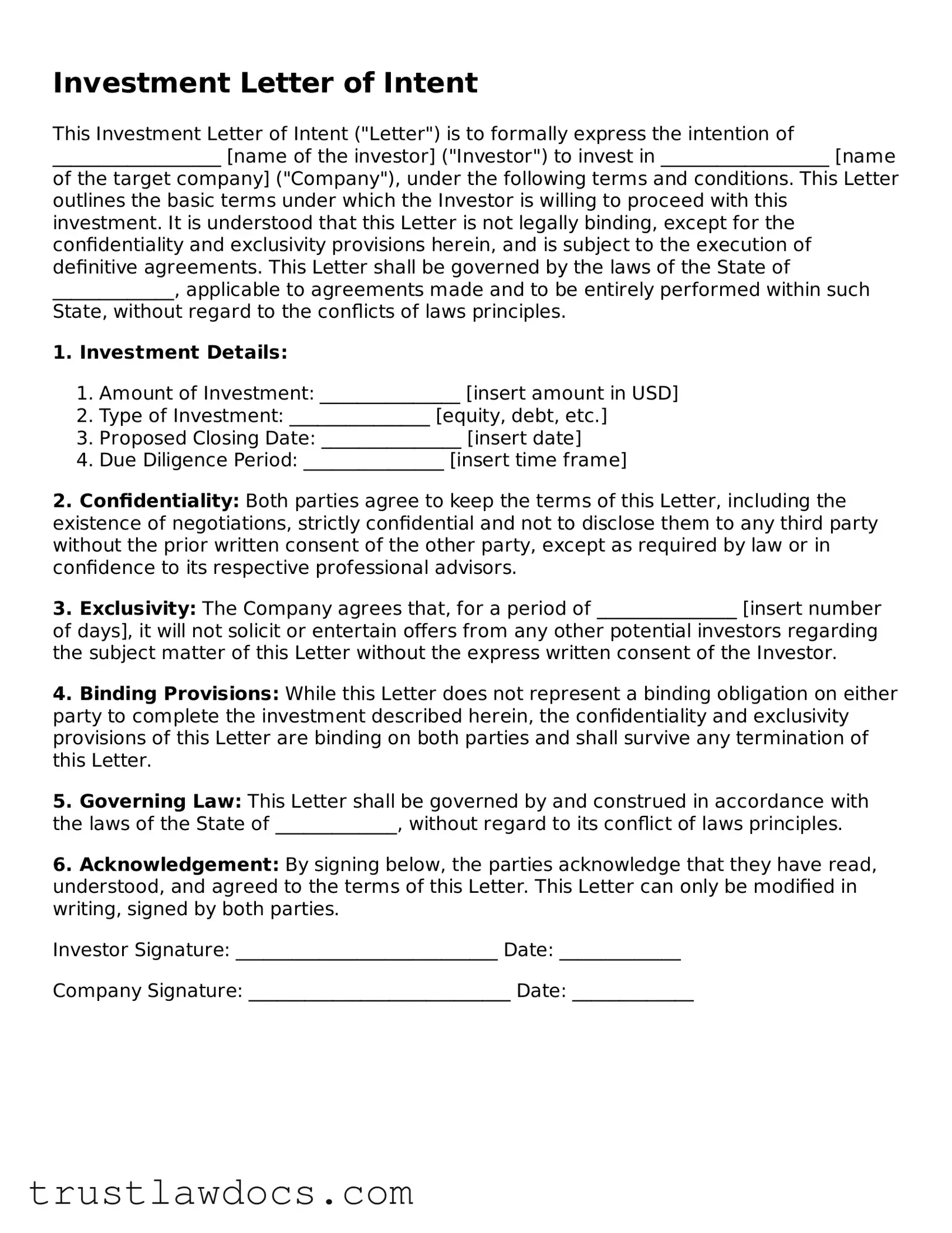 Official Investment Letter of Intent Document