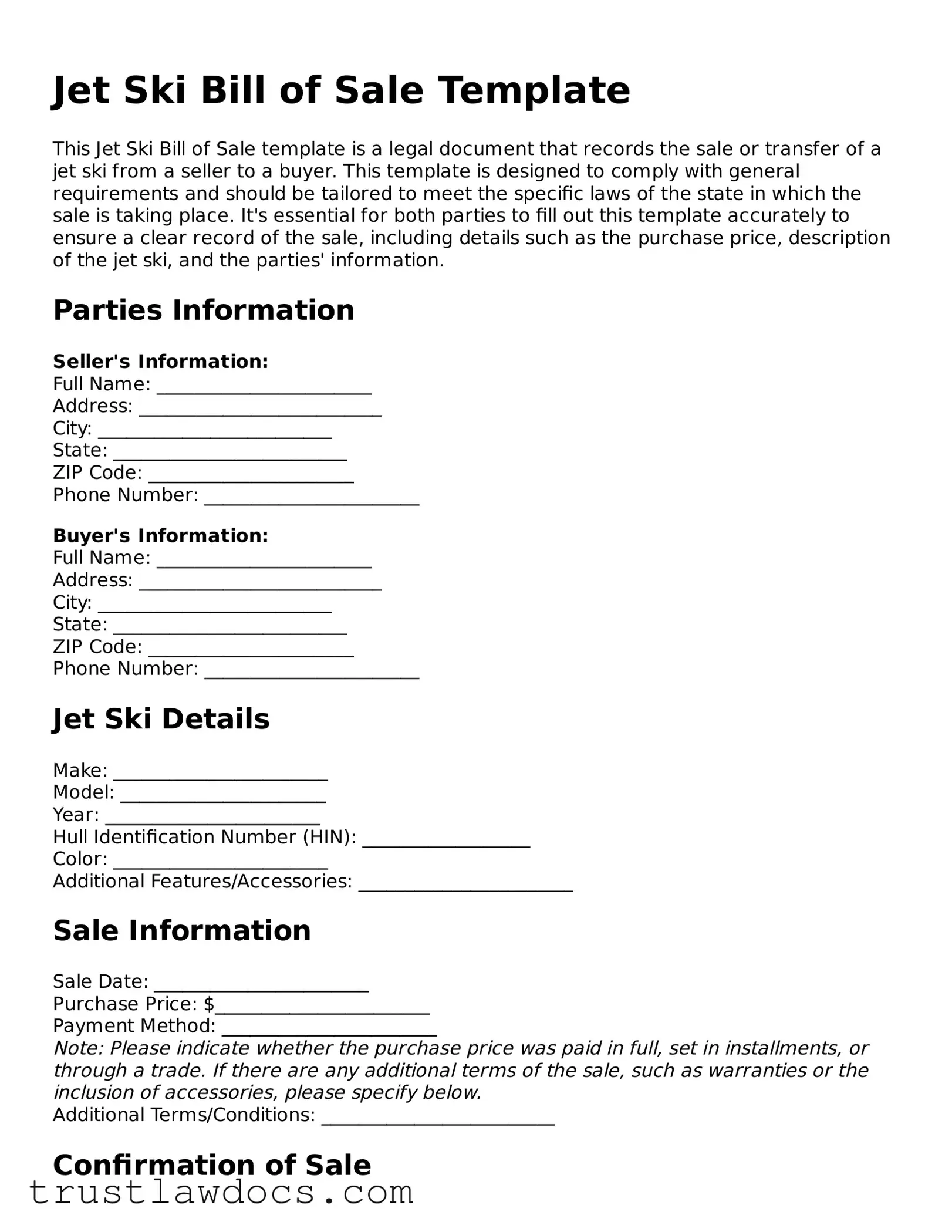 Official Jet Ski Bill of Sale Document