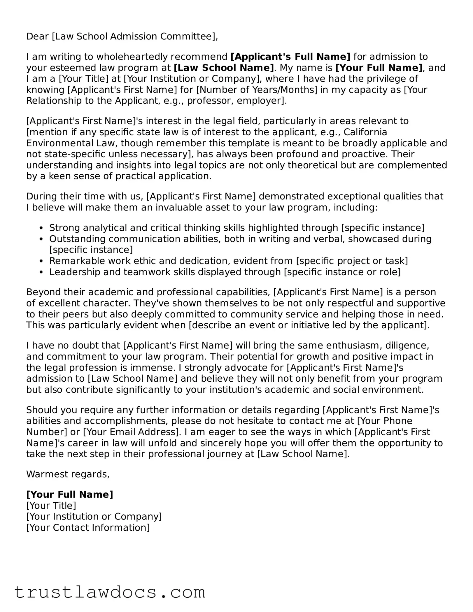 Official Law School Letter of Recommendation Document