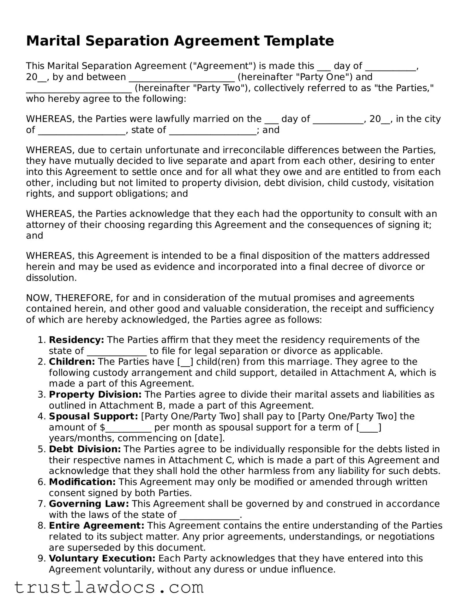 Official Marital Separation Agreement Document