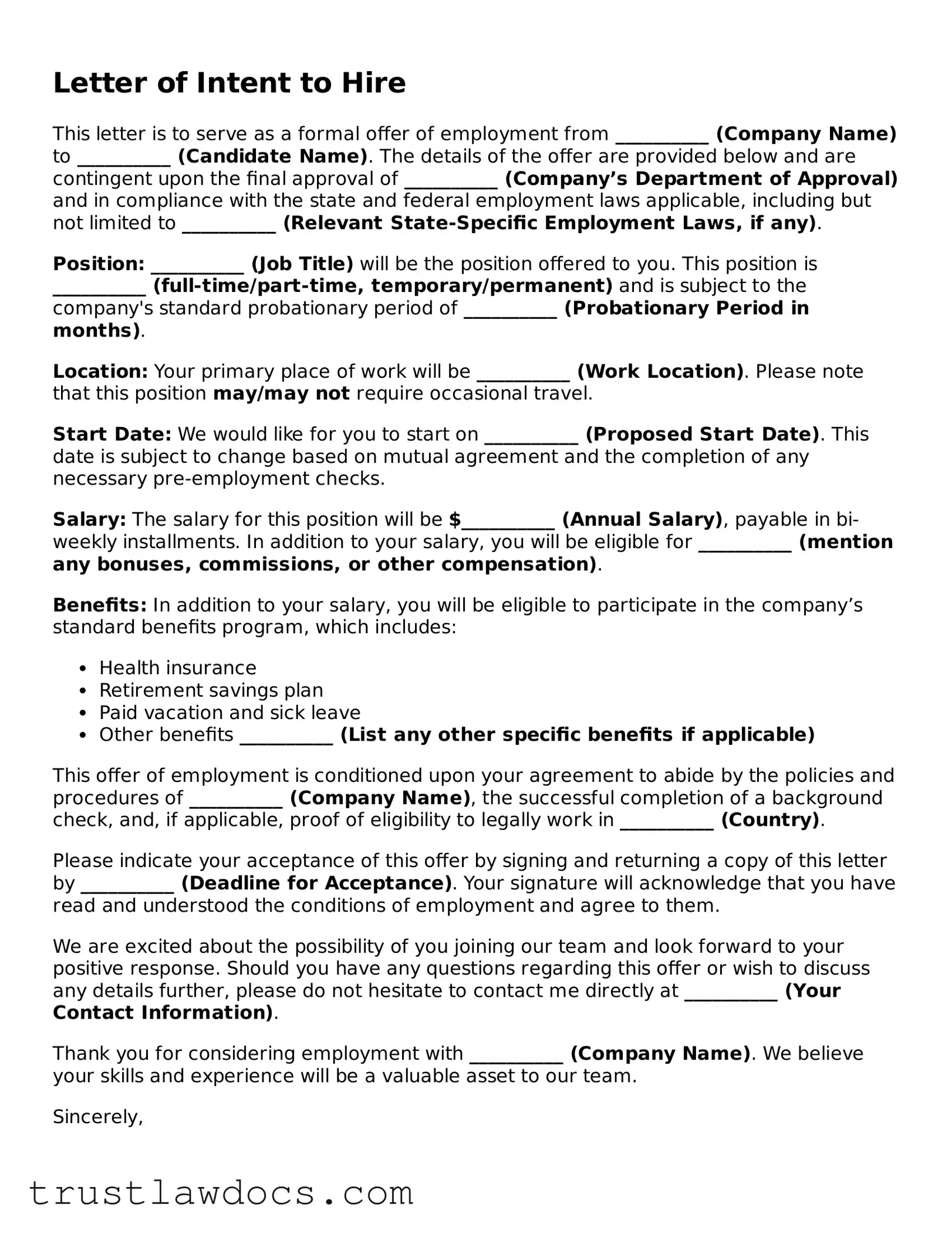 Official Letter of Intent to Hire Document