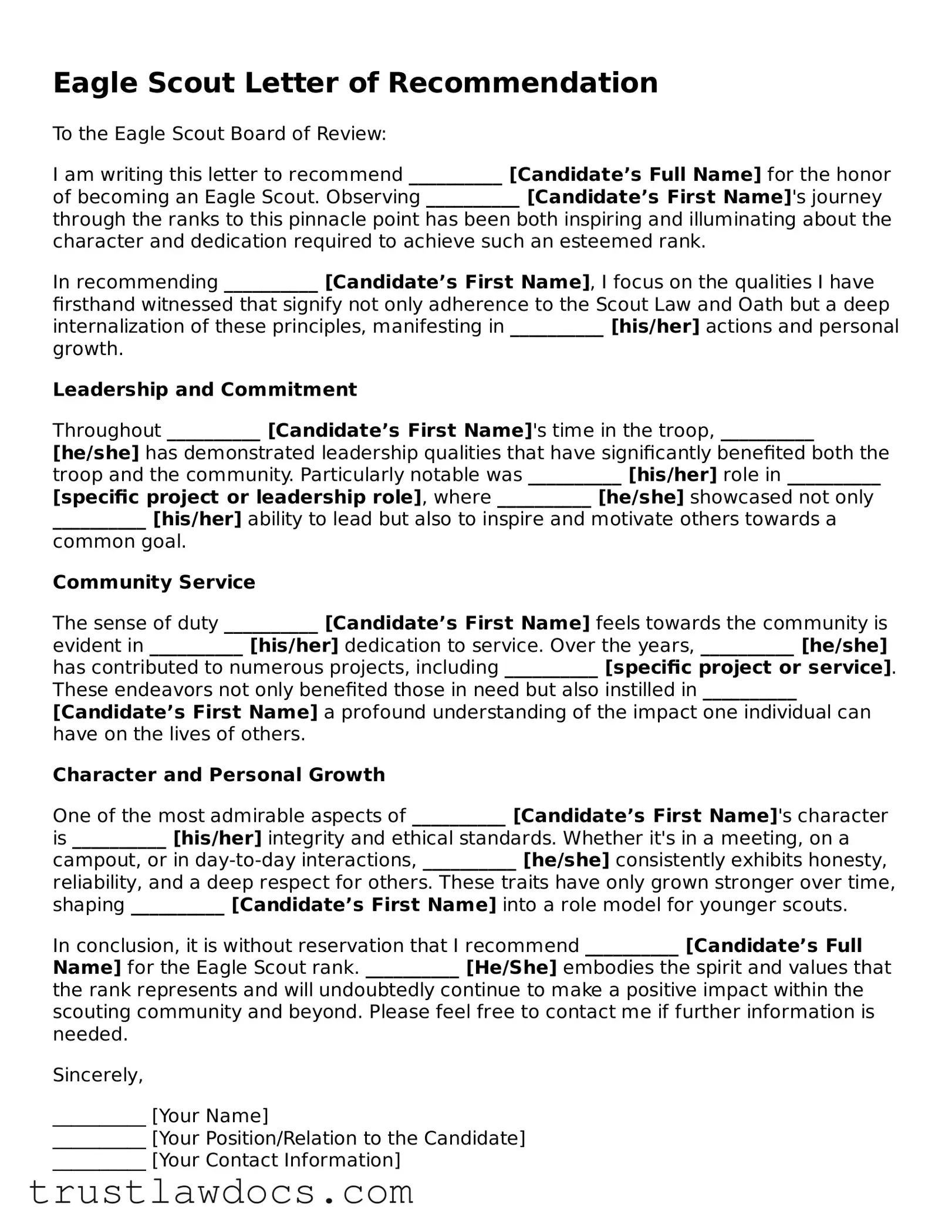 Official Eagle Scout Letter of Recommendation Document