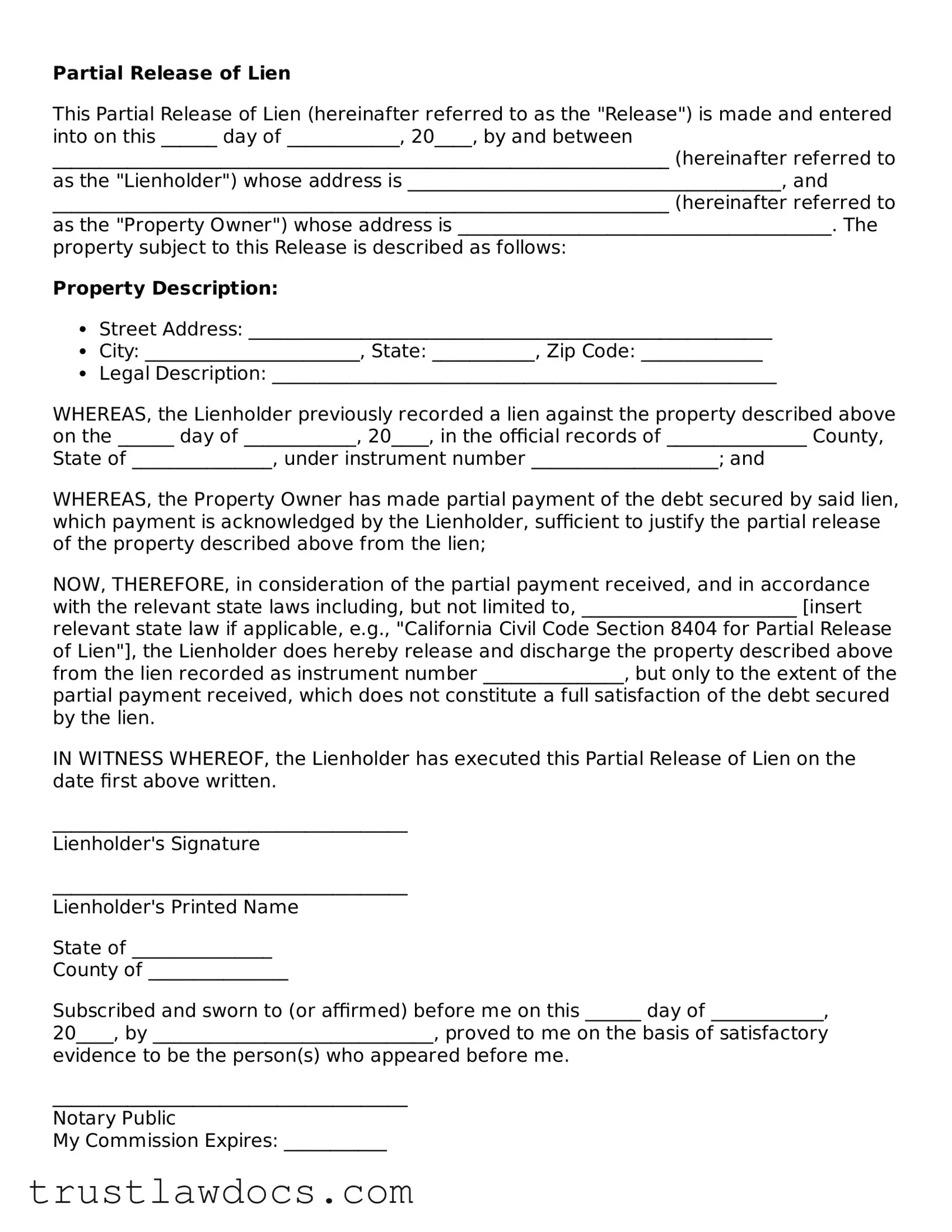 Official Partial Release of Lien Document