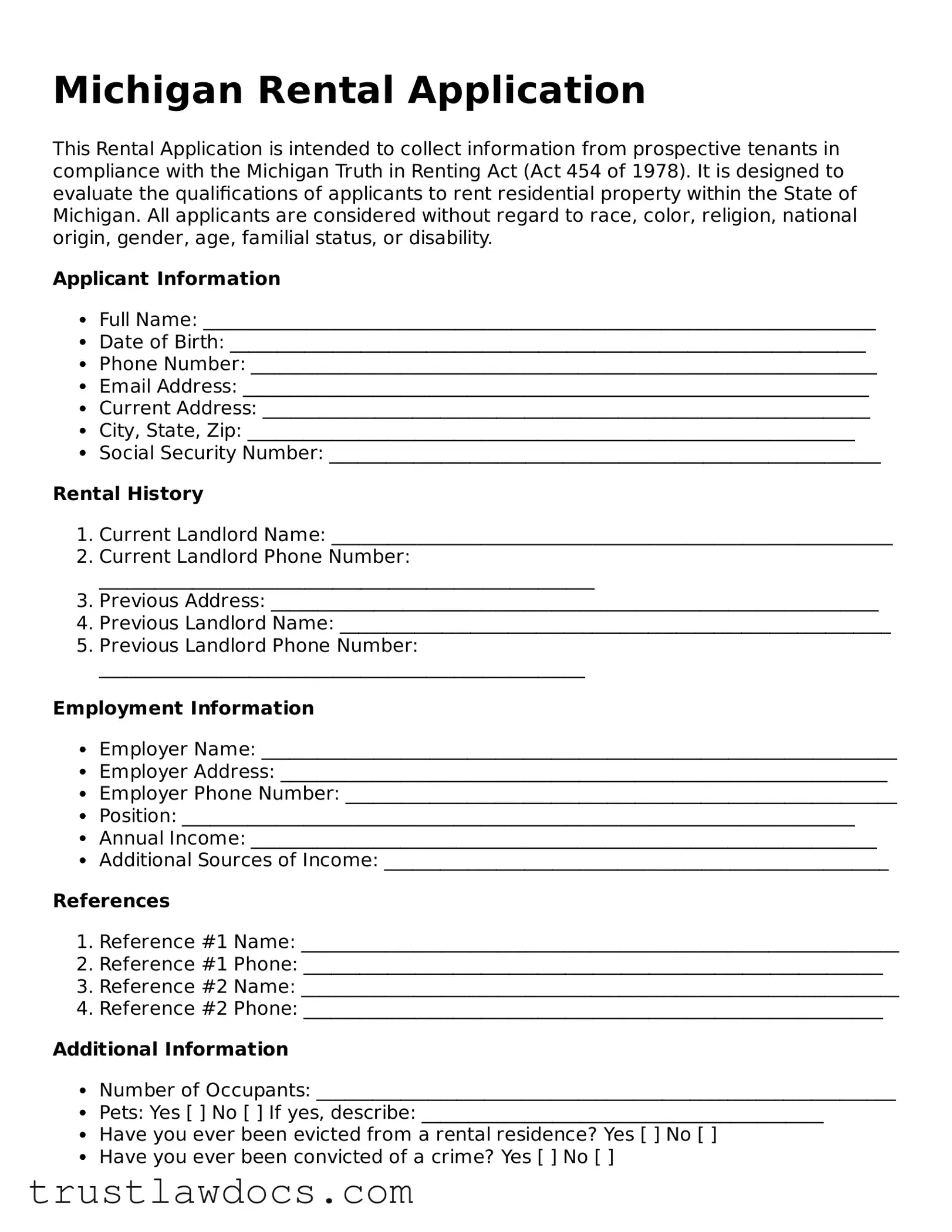 Free  Rental Application Form for Michigan