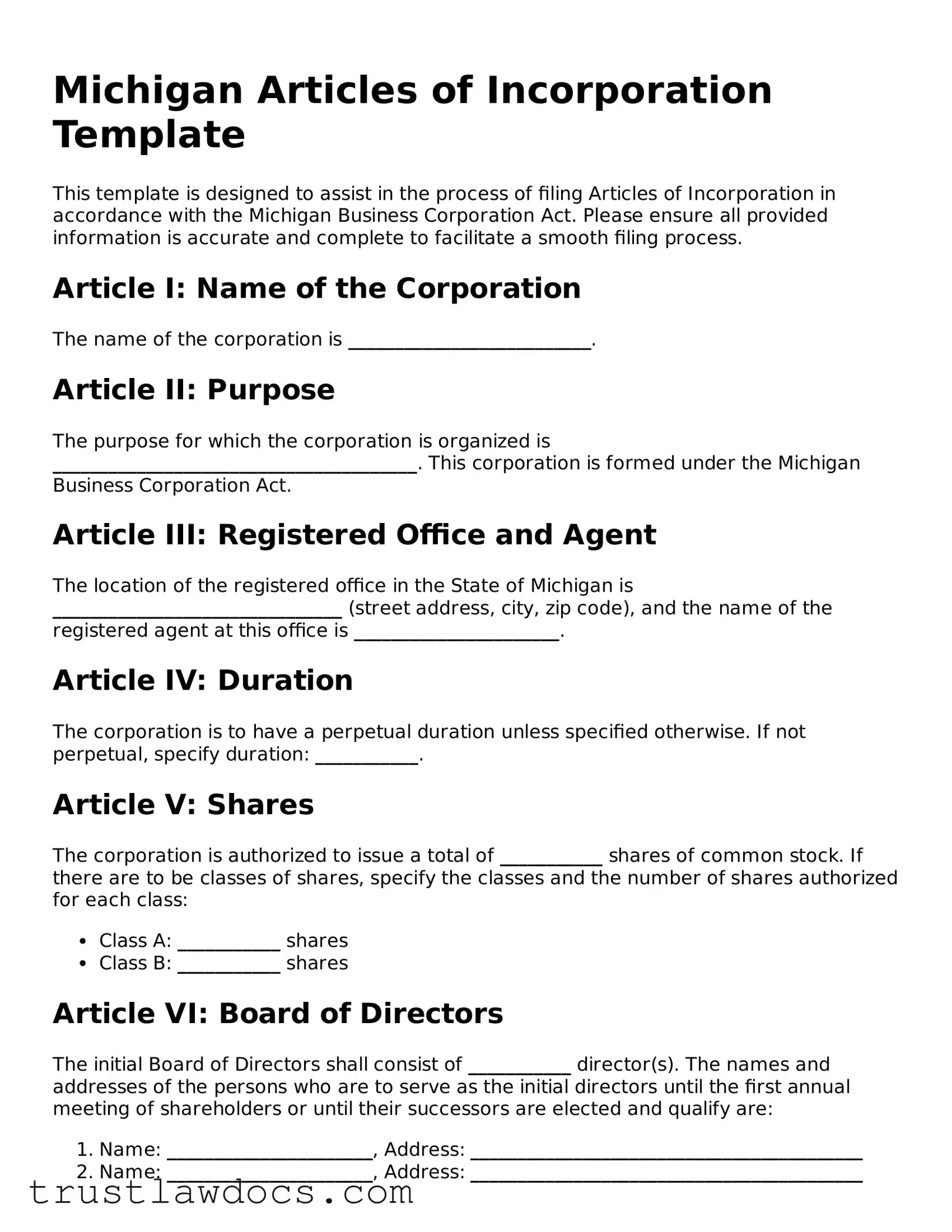 Free  Articles of Incorporation Form for Michigan