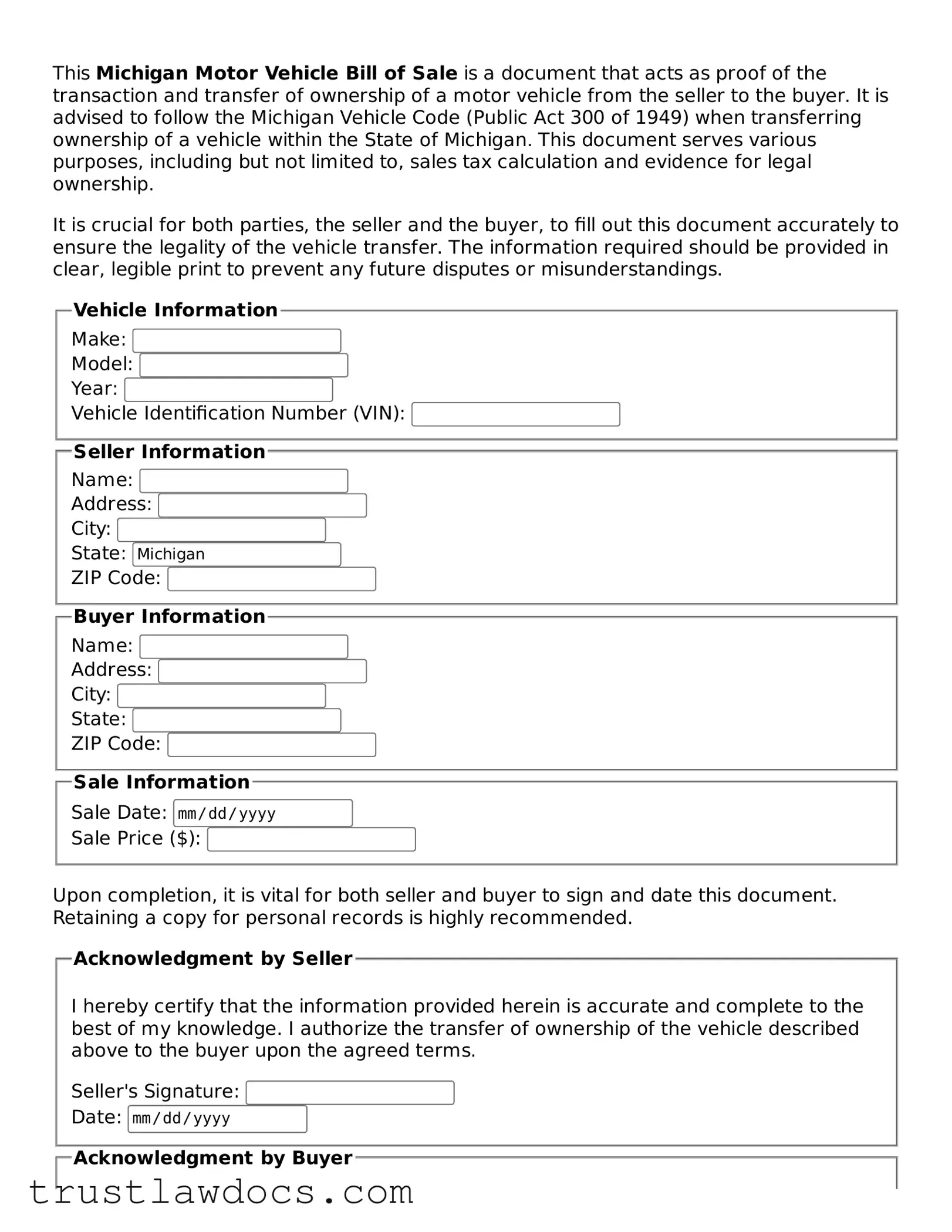 Free  Motor Vehicle Bill of Sale Form for Michigan