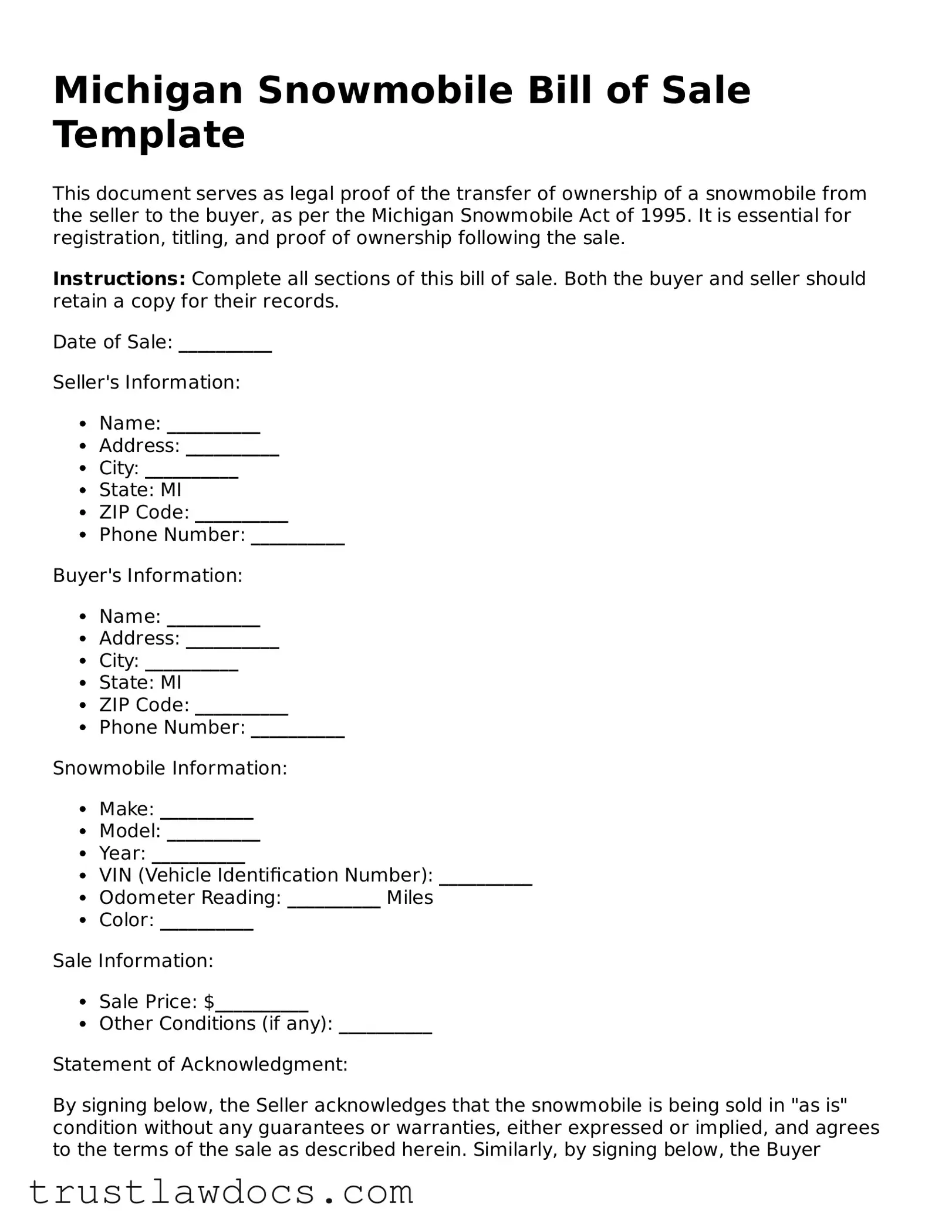 Free  Snowmobile Bill of Sale Form for Michigan