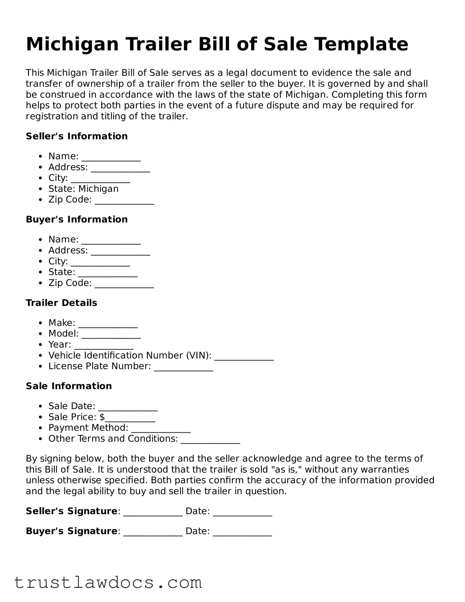 Free  Trailer Bill of Sale Form for Michigan