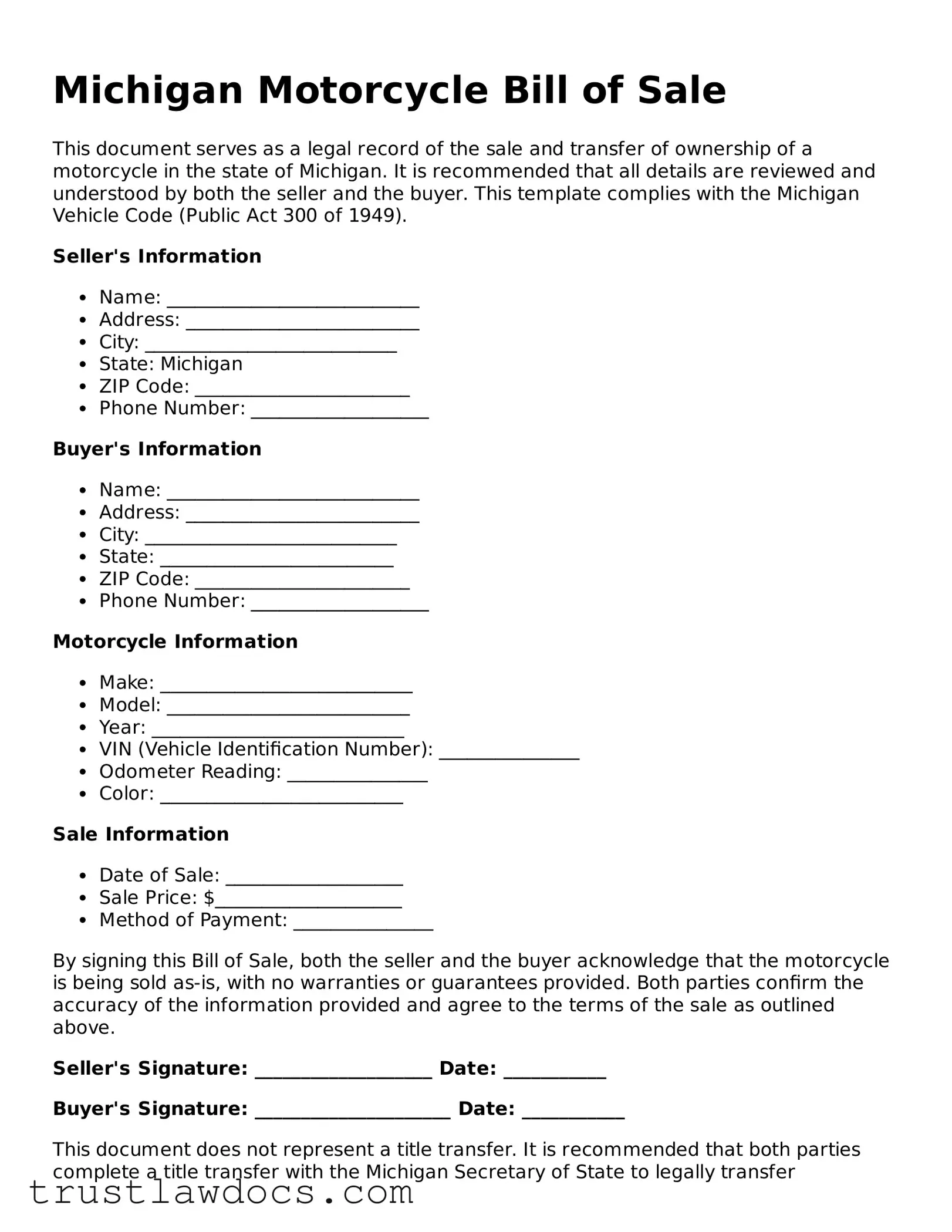 Free  Motorcycle Bill of Sale Form for Michigan