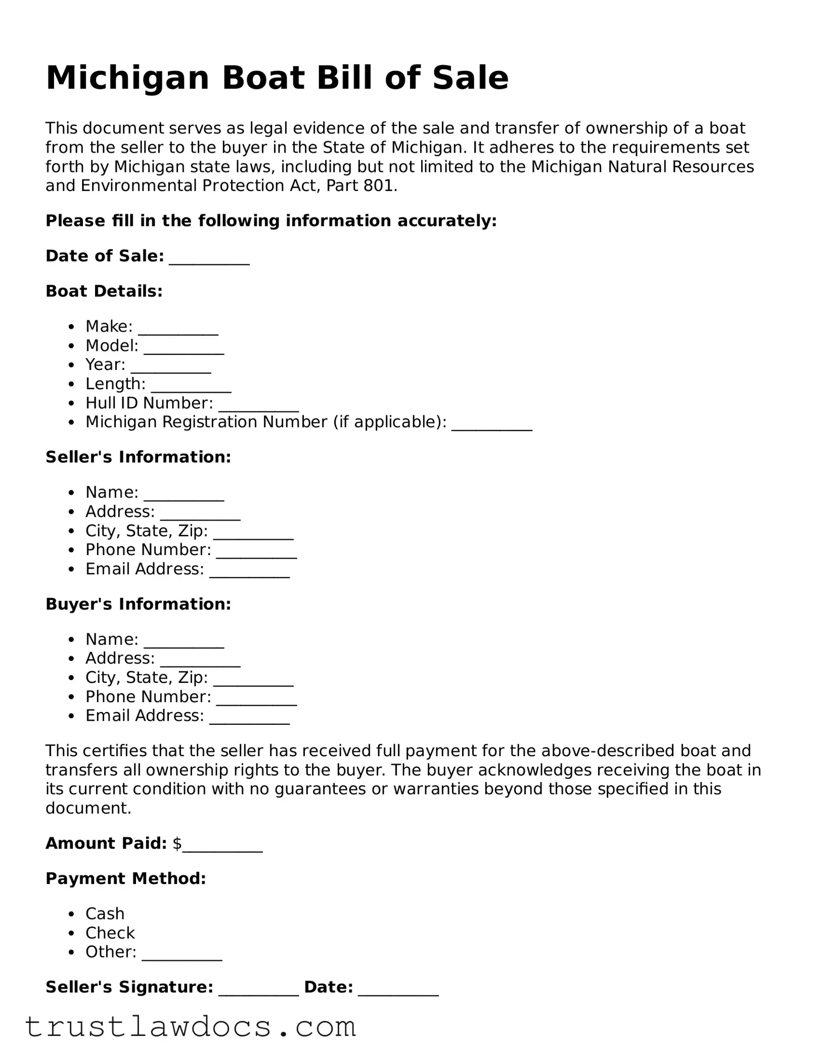 Free  Boat Bill of Sale Form for Michigan