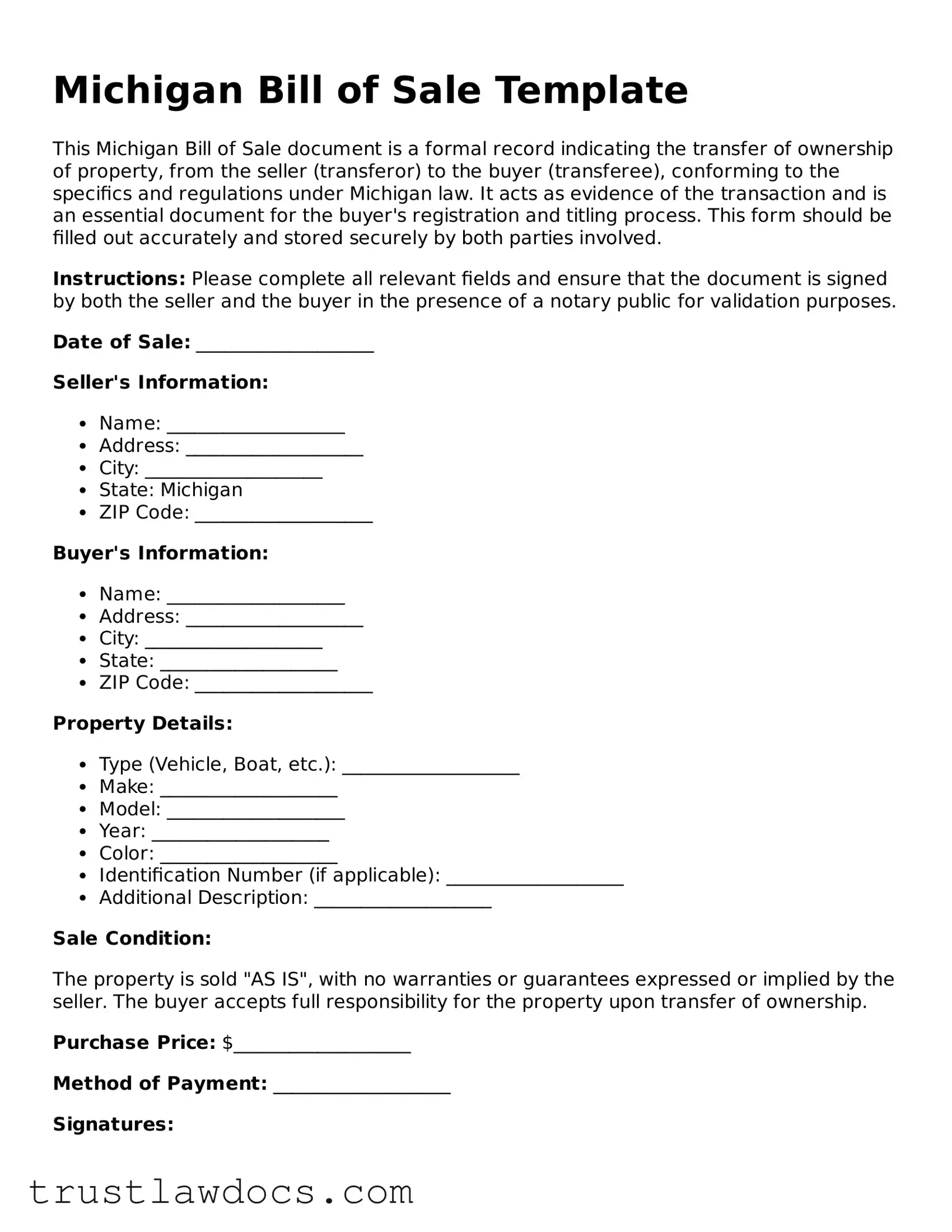 Free  Bill of Sale Form for Michigan