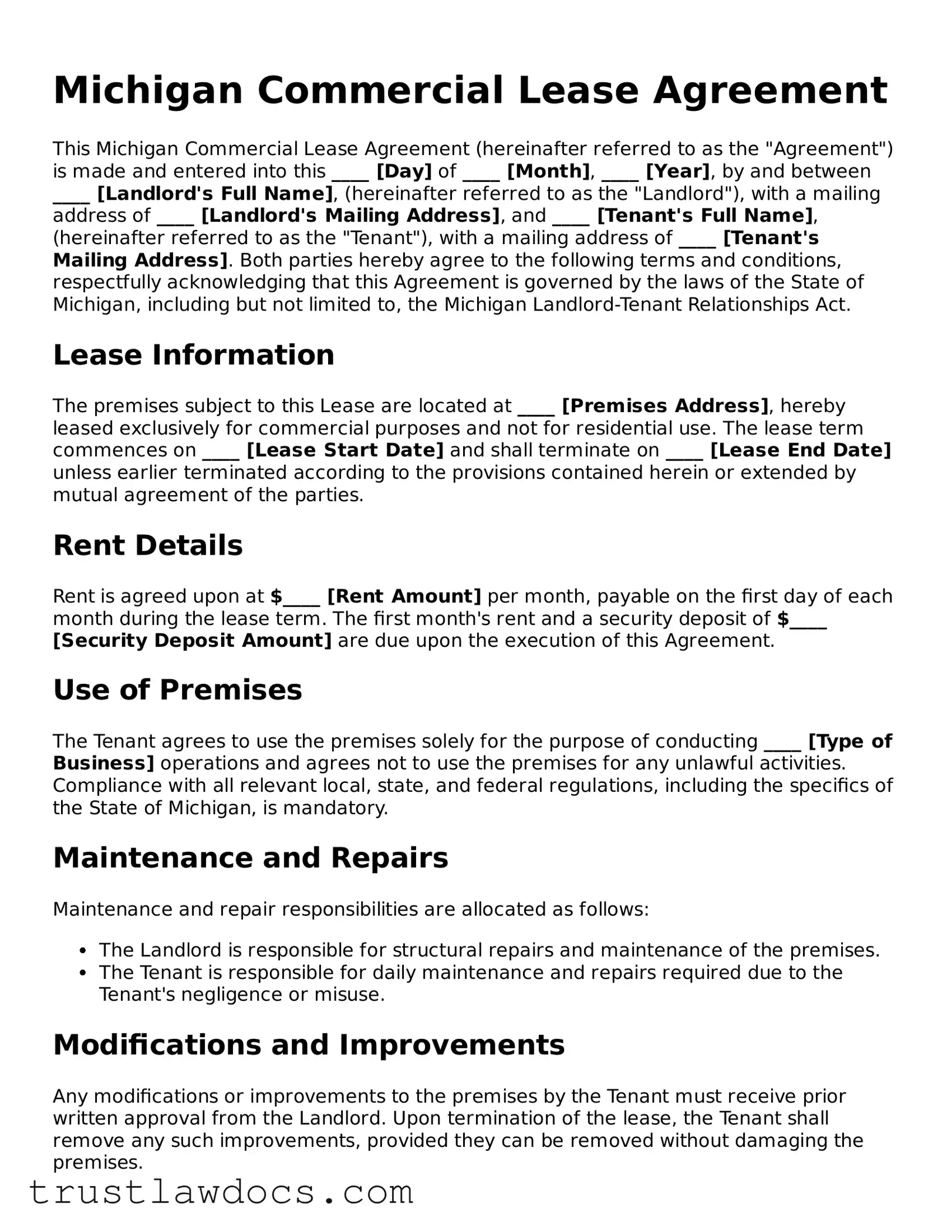 Free  Commercial Lease Agreement Form for Michigan