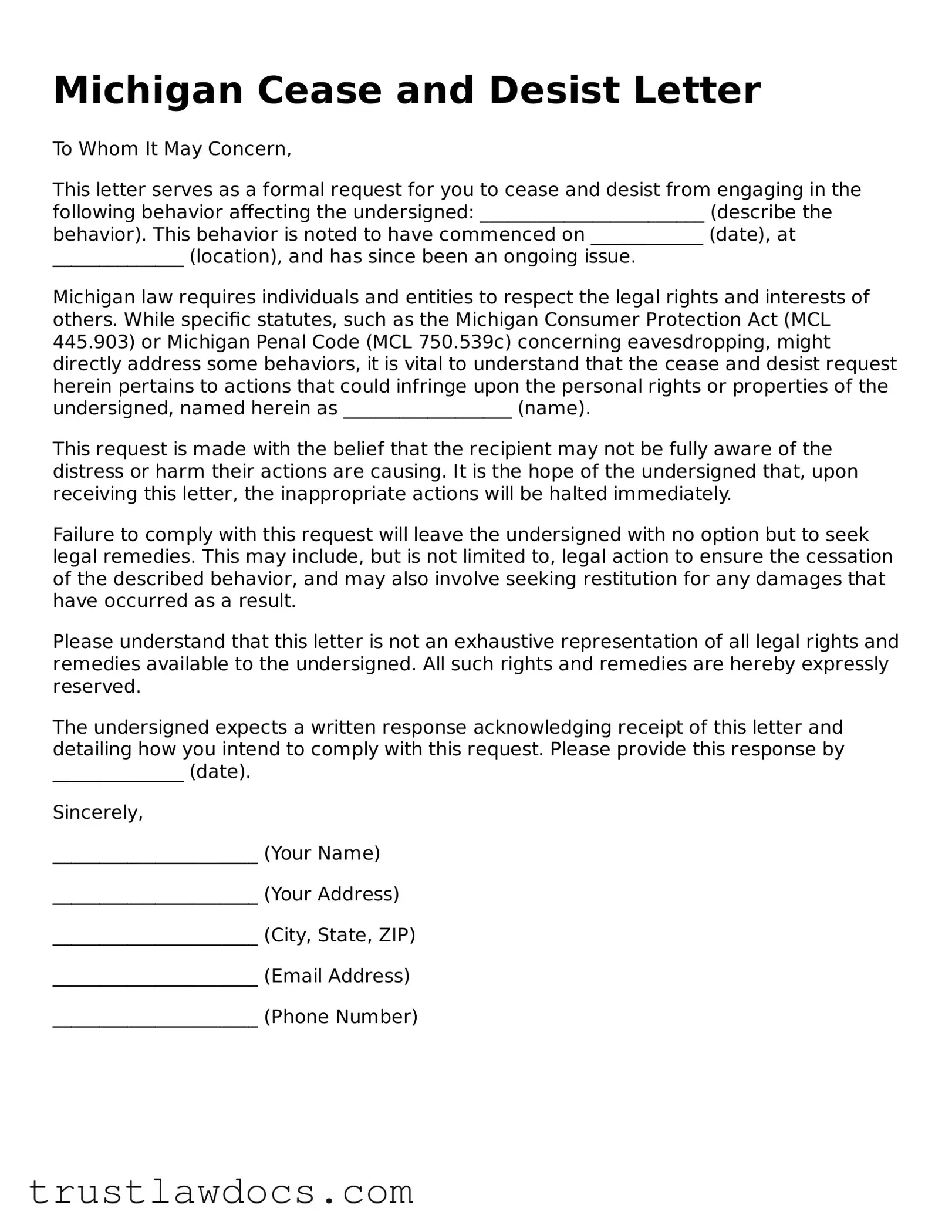 Free  Cease and Desist Letter Form for Michigan