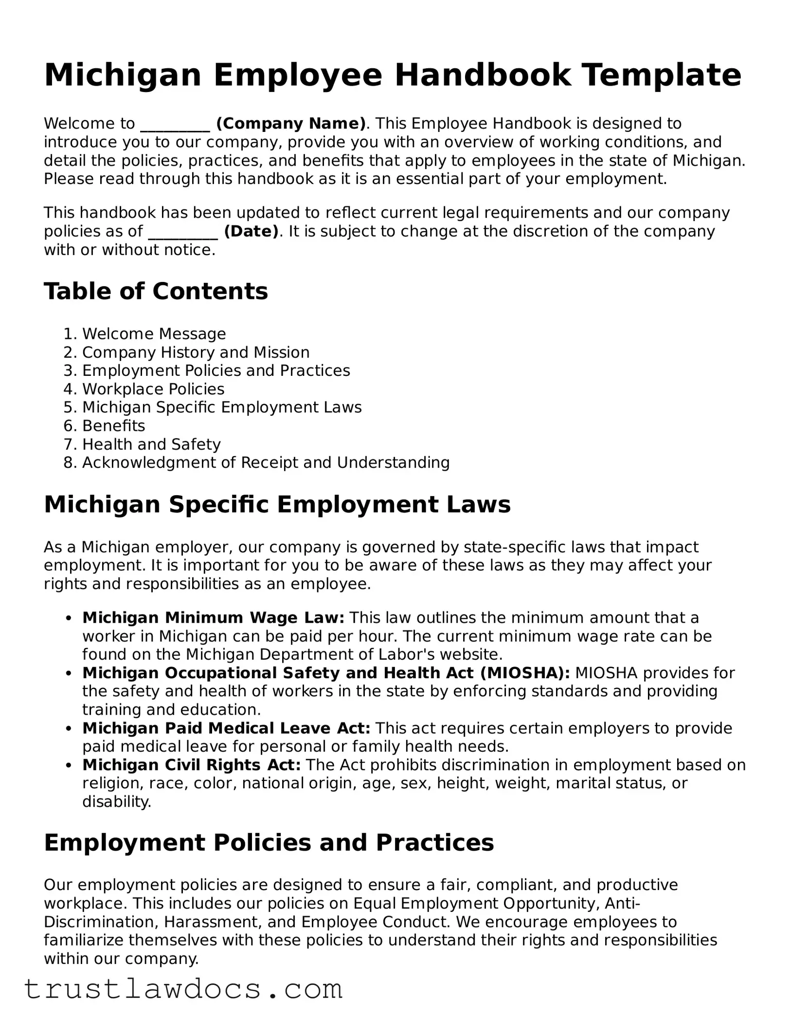 Free  Employee Handbook Form for Michigan