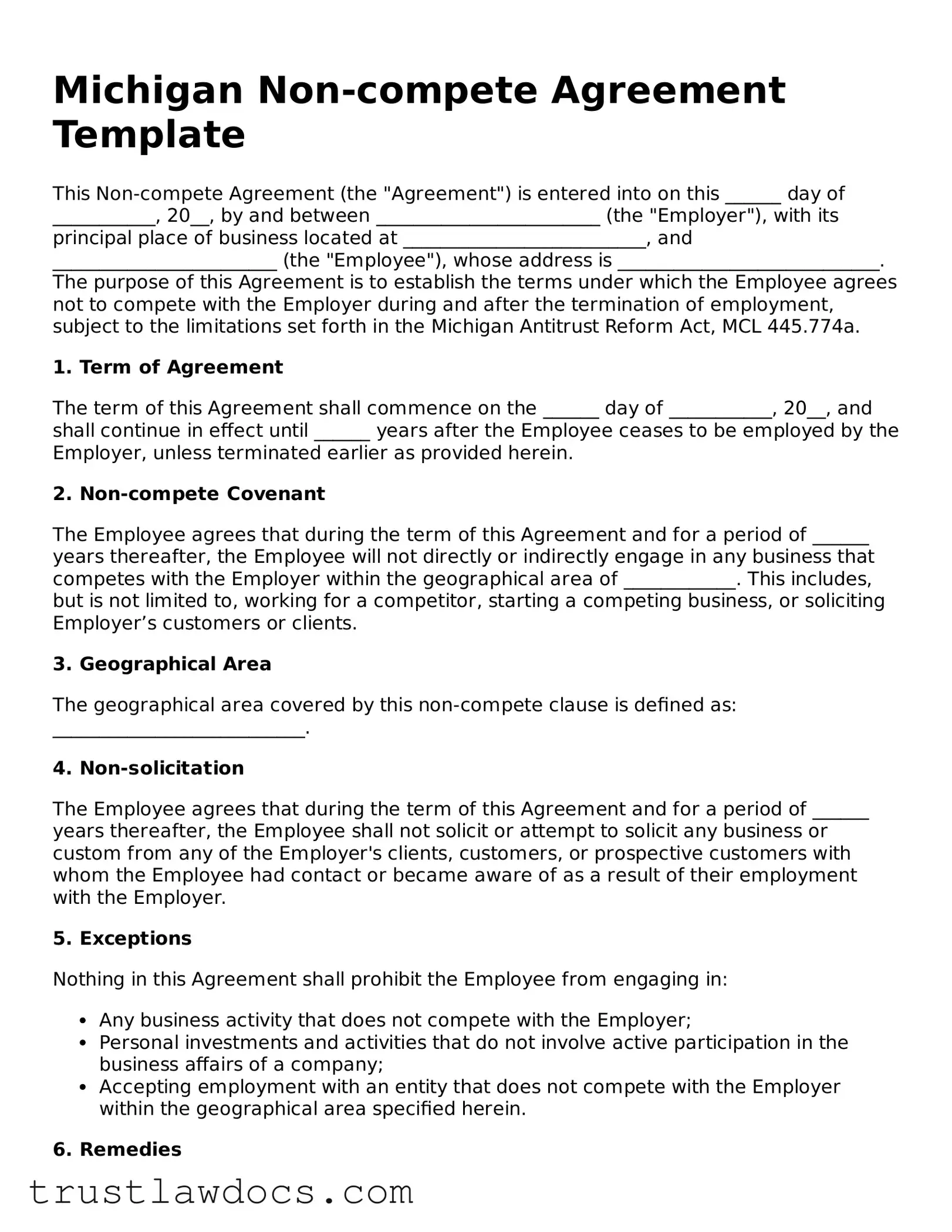 Free  Non-compete Agreement Form for Michigan