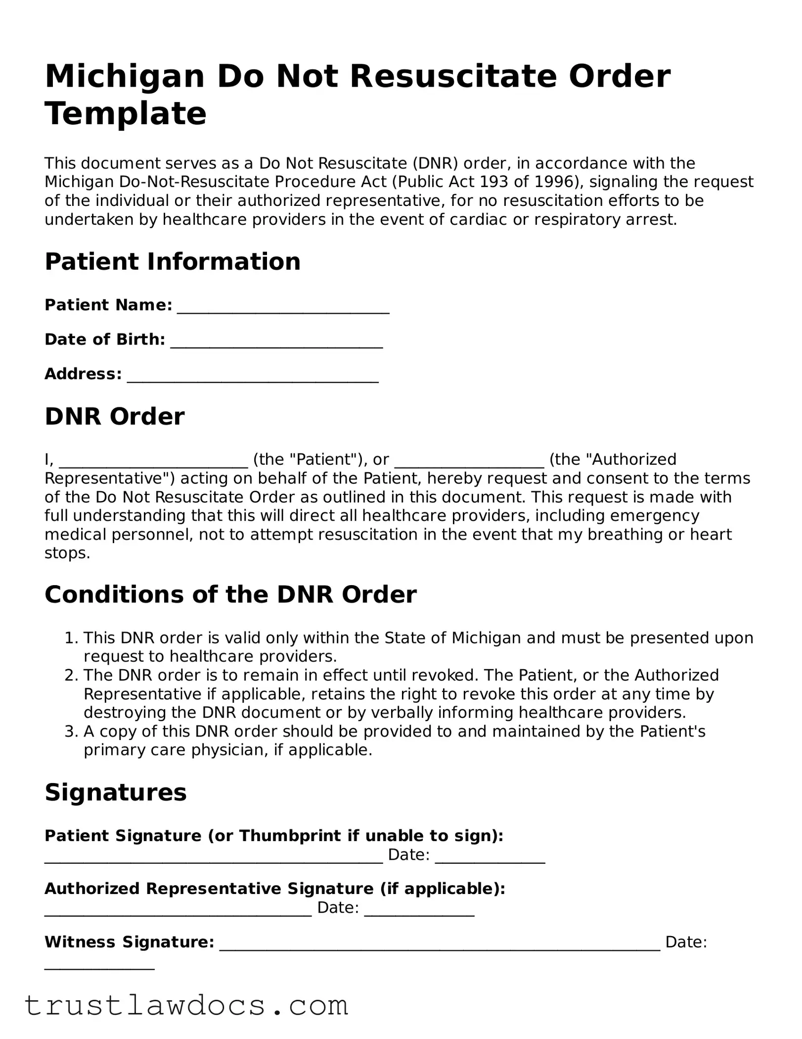 Free  Do Not Resuscitate Order Form for Michigan