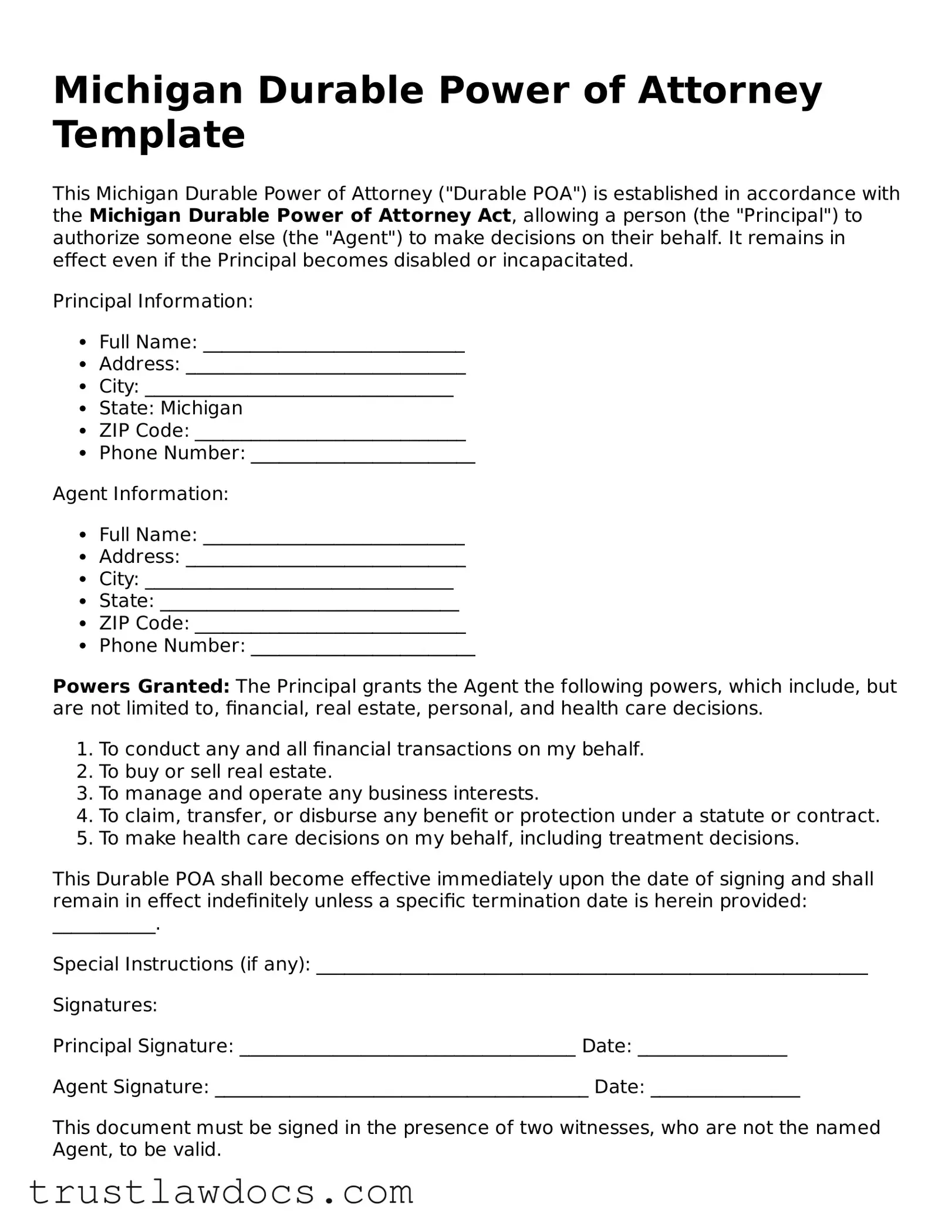 Free  Durable Power of Attorney Form for Michigan