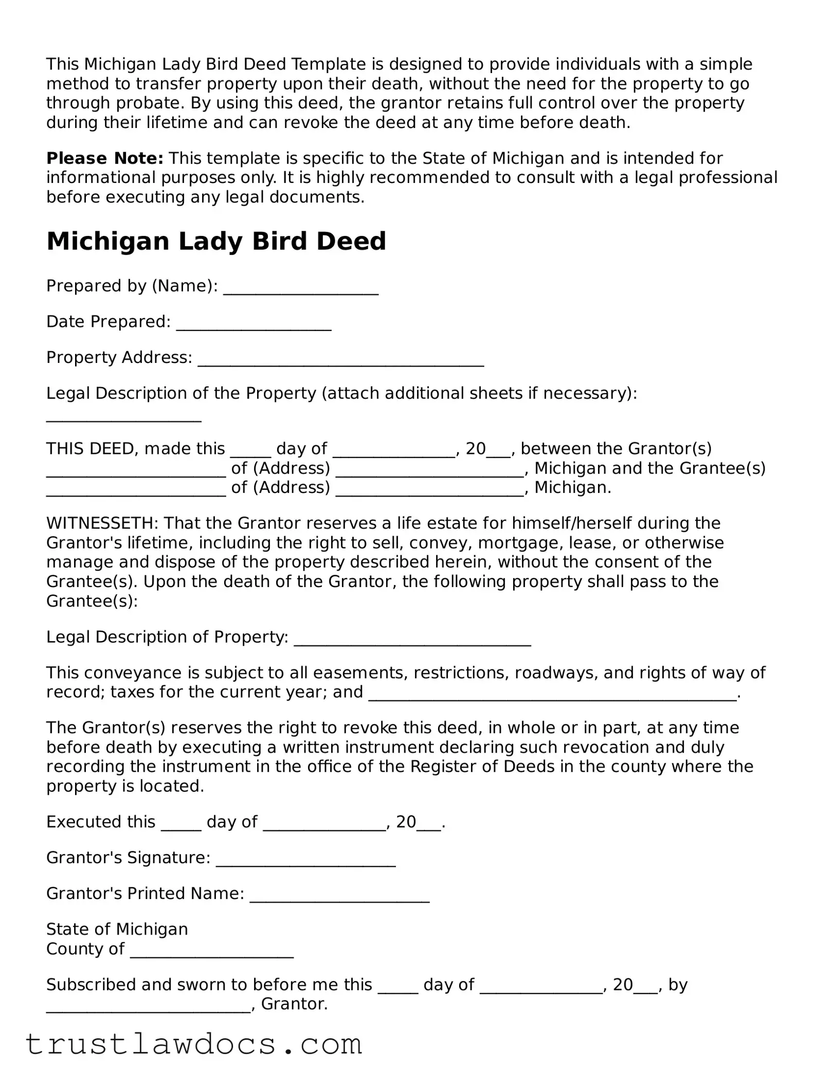 Free  Lady Bird Deed Form for Michigan