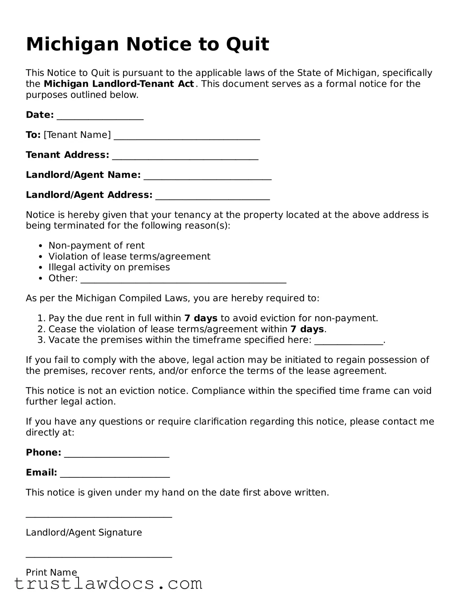 Free  Notice to Quit Form for Michigan
