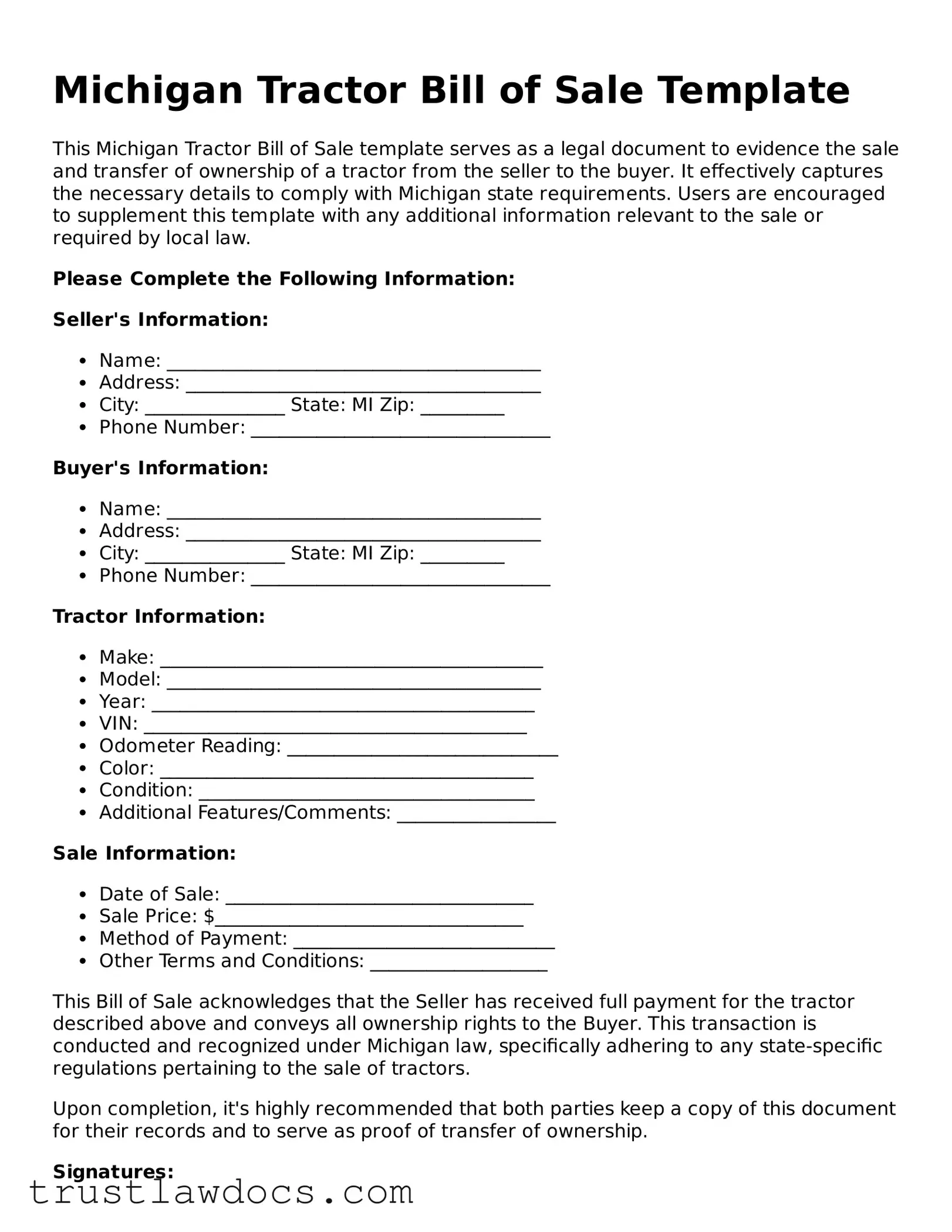 Free  Tractor Bill of Sale Form for Michigan