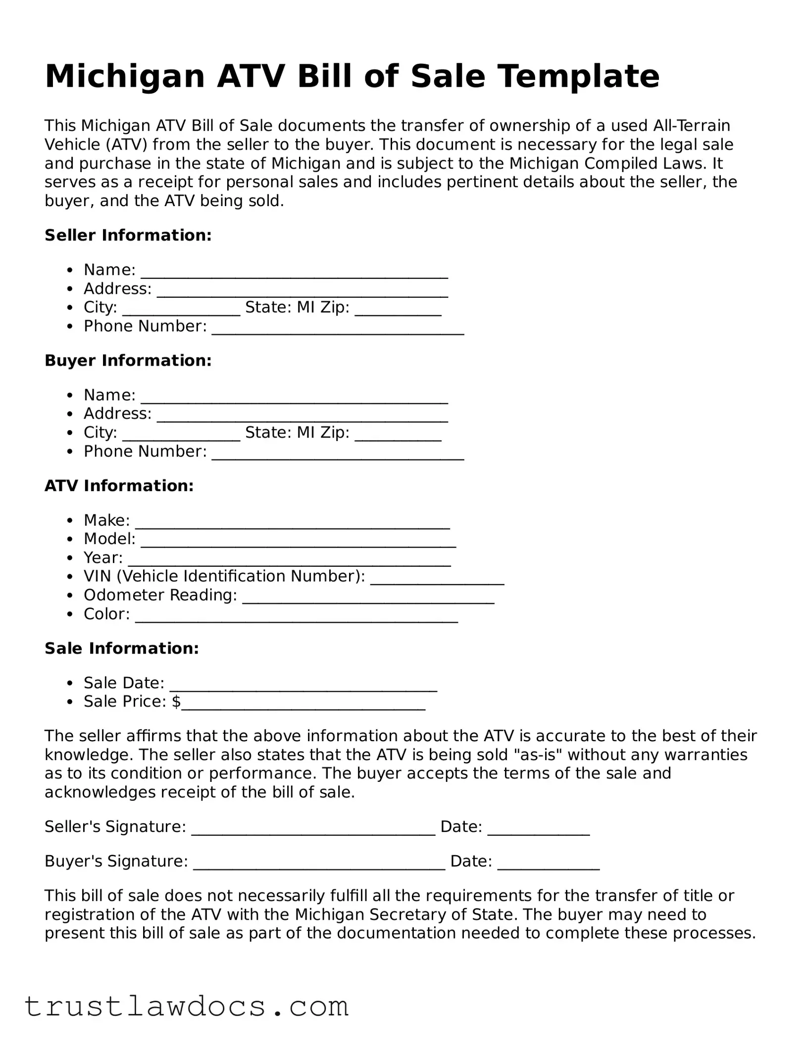 Free  ATV Bill of Sale Form for Michigan