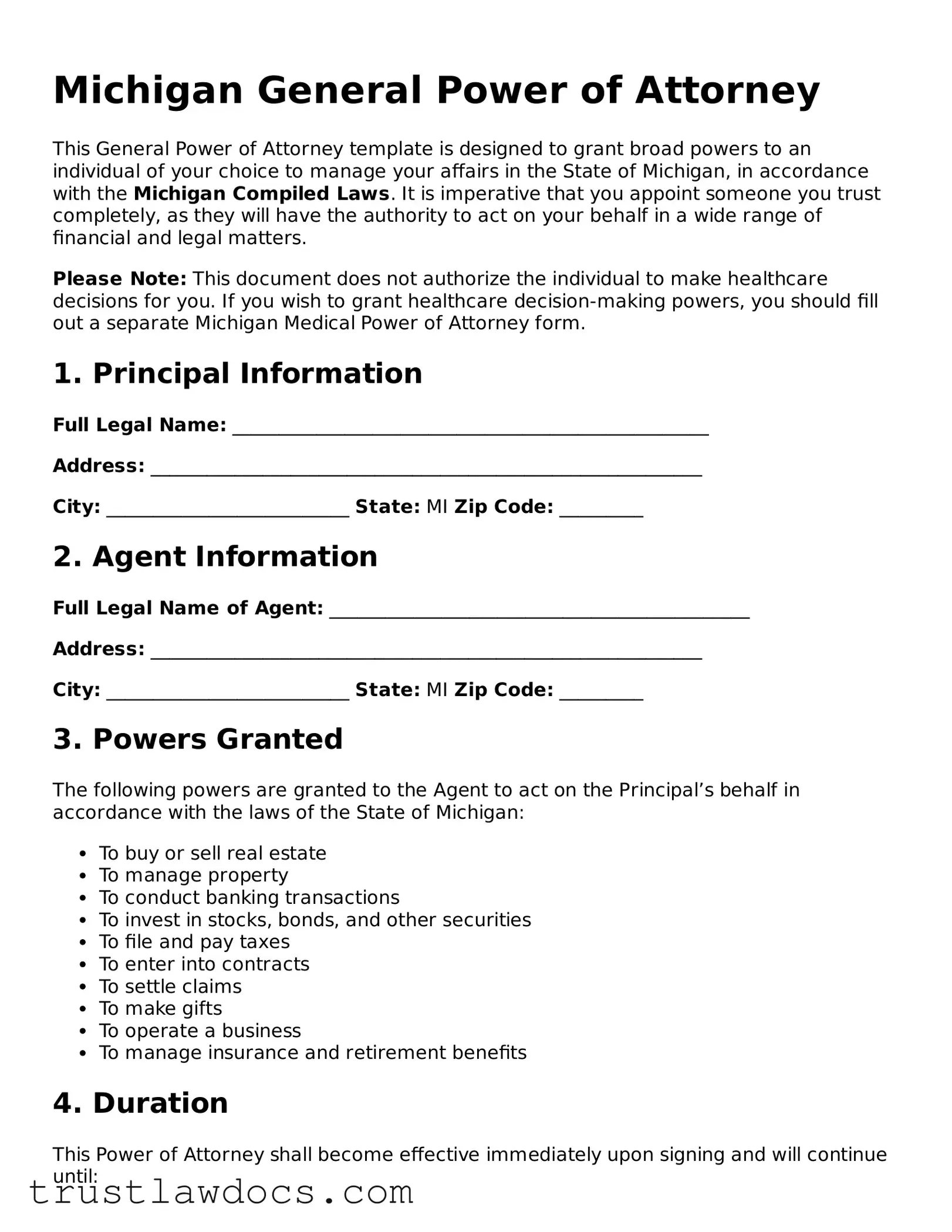 Free  General Power of Attorney Form for Michigan