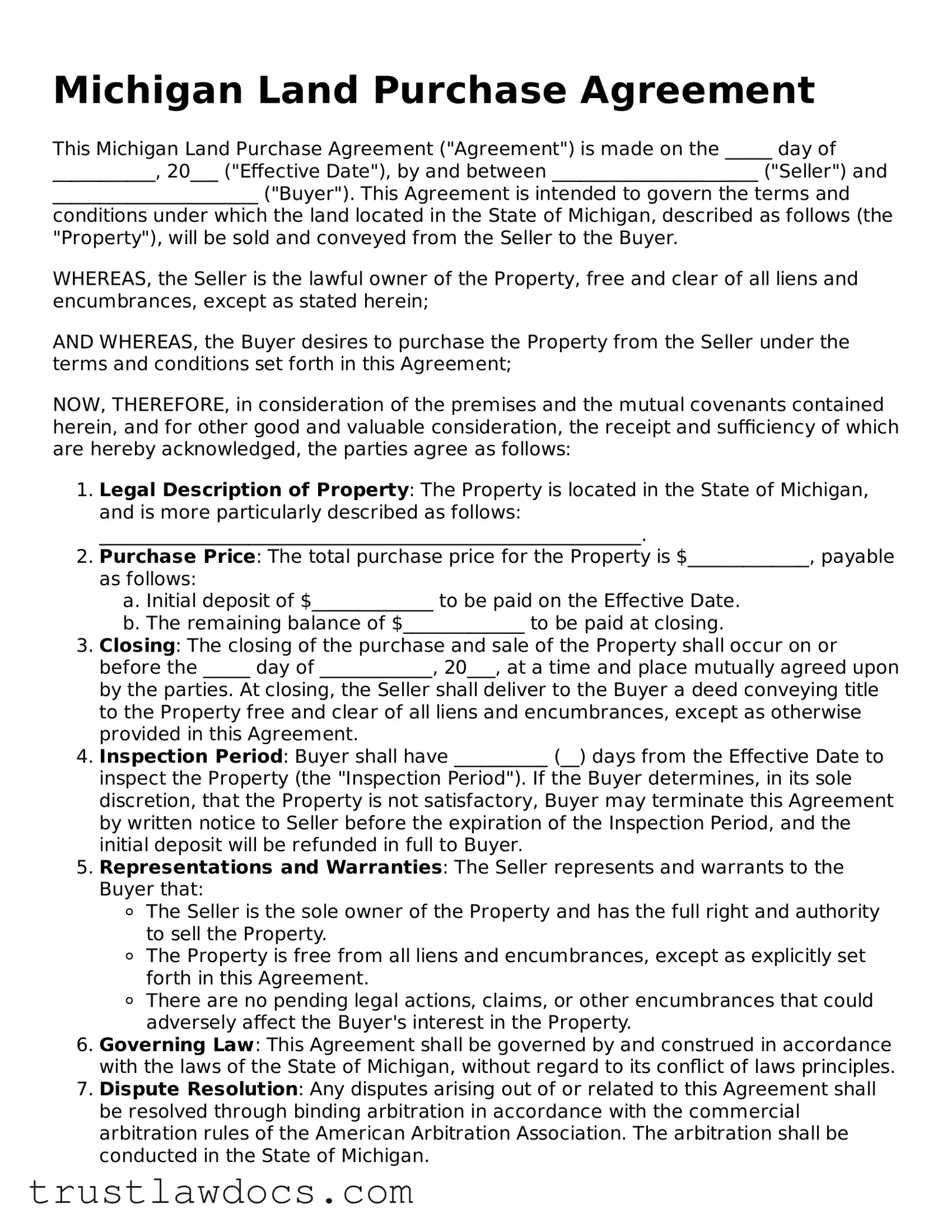 Free  Land Purchase Agreement Form for Michigan