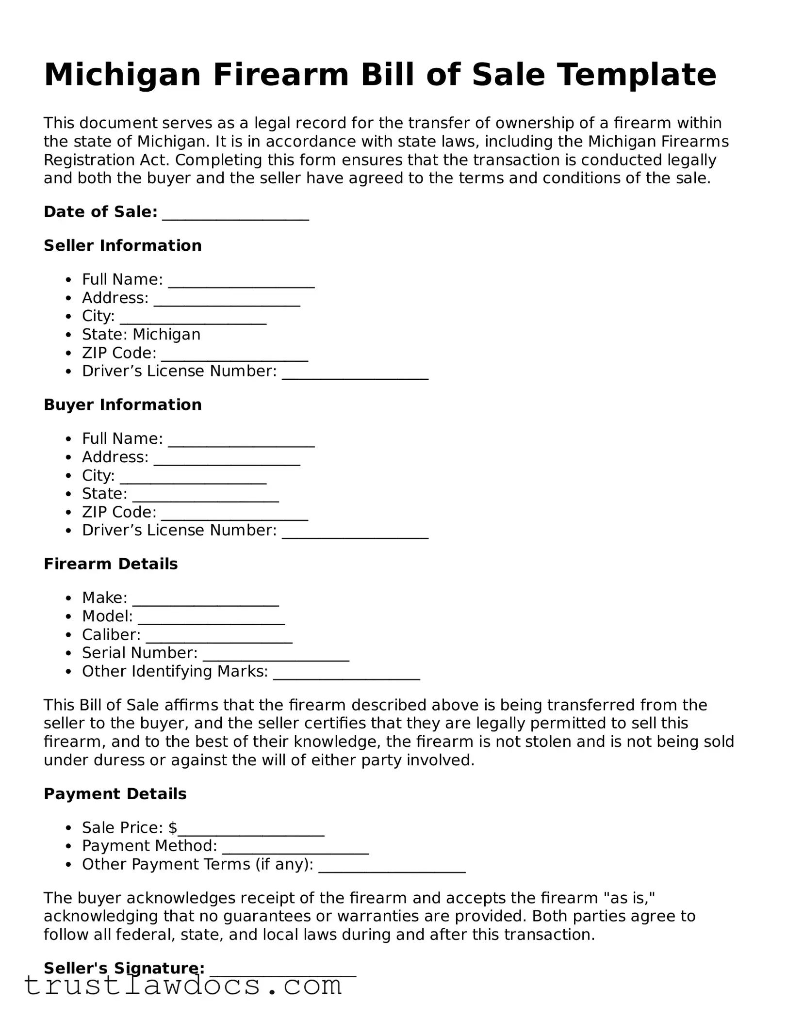 Free  Firearm Bill of Sale Form for Michigan