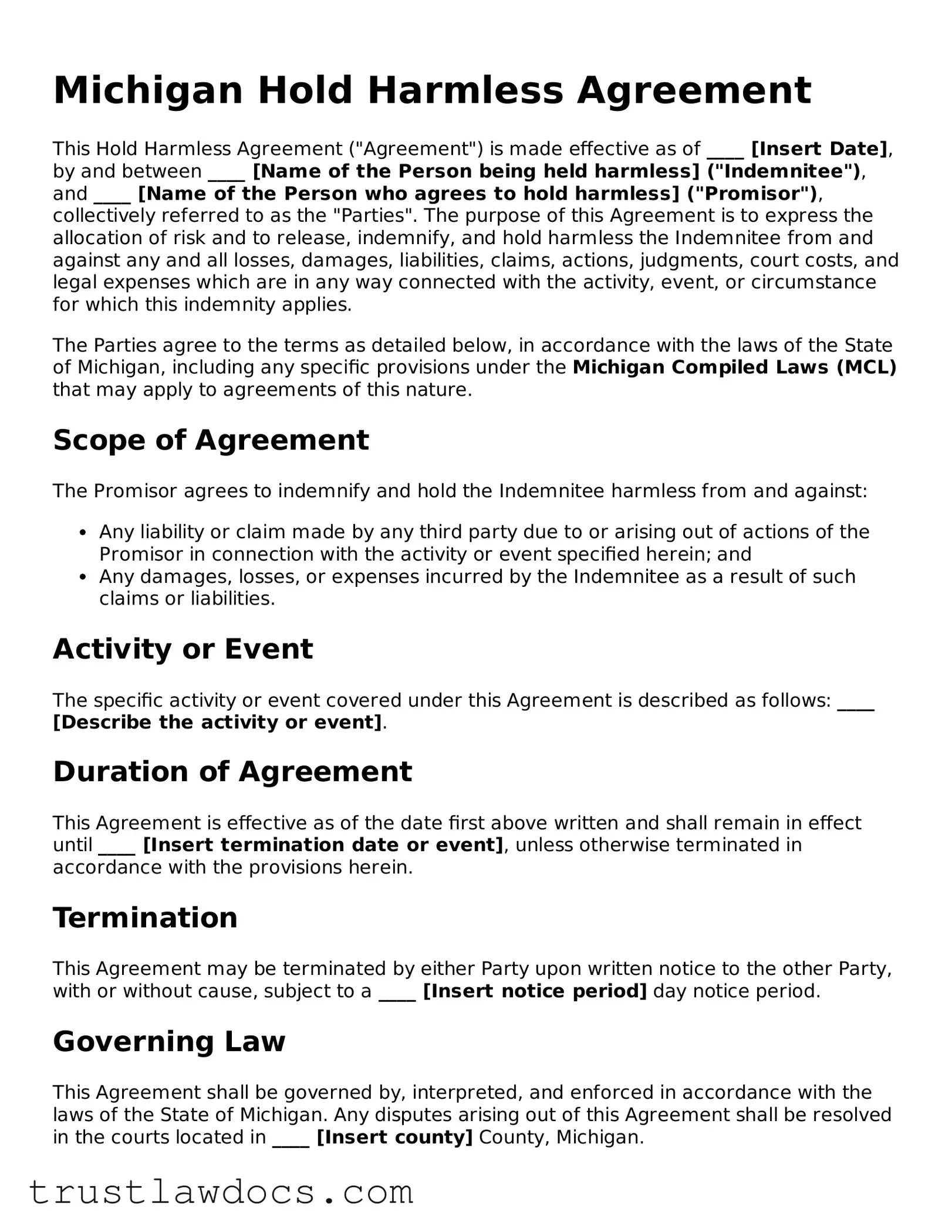 Free  Hold Harmless Agreement Form for Michigan
