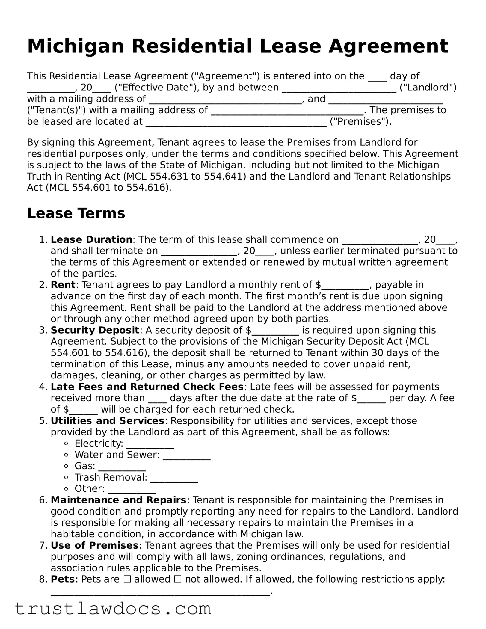 Free  Residential Lease Agreement Form for Michigan