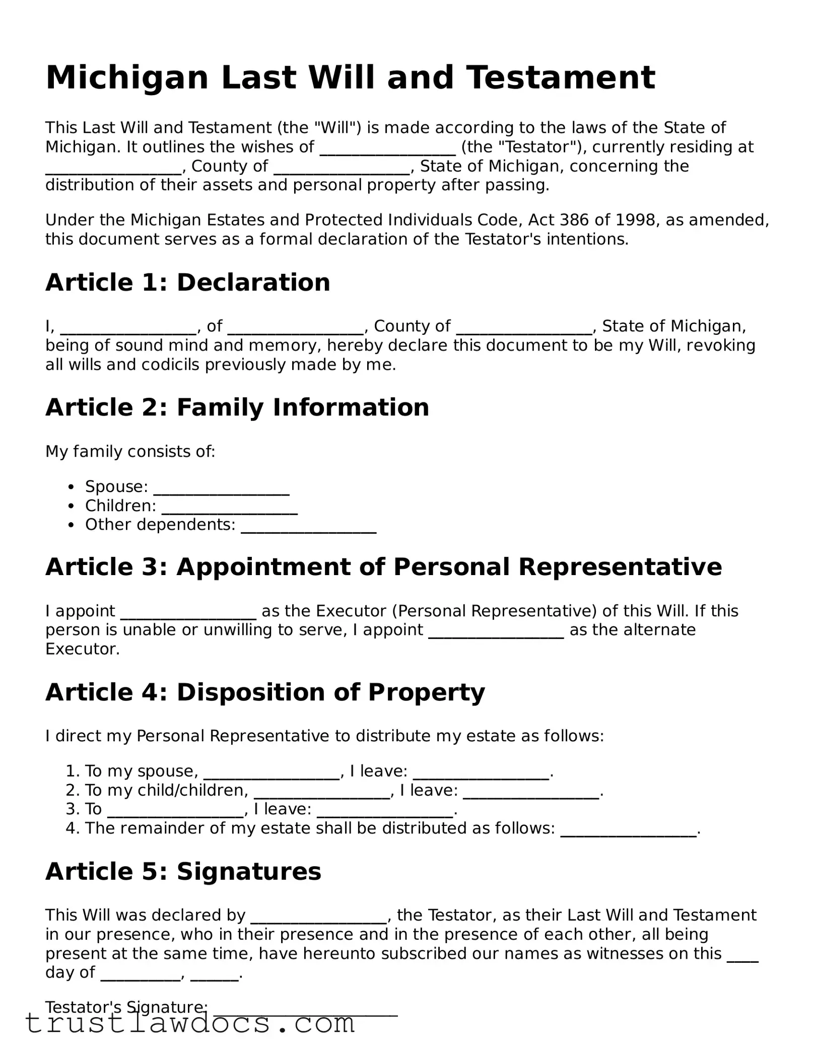 Free  Last Will and Testament Form for Michigan