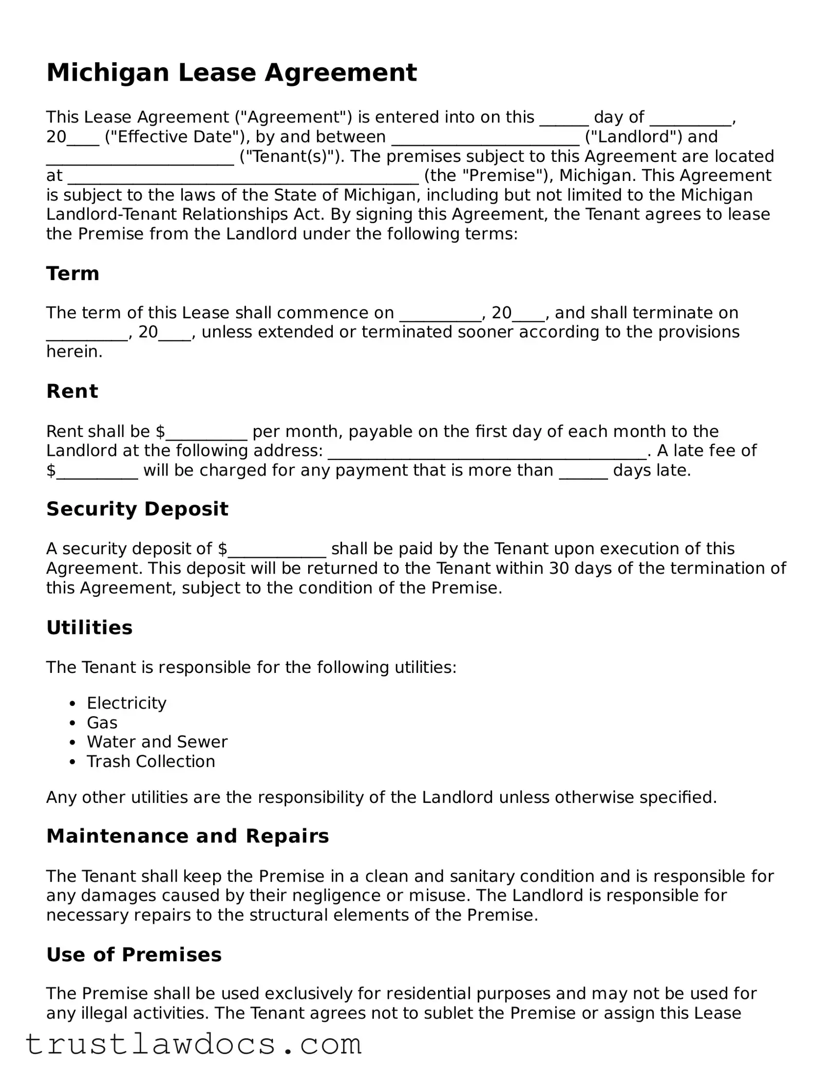 Free  Lease Agreement Form for Michigan