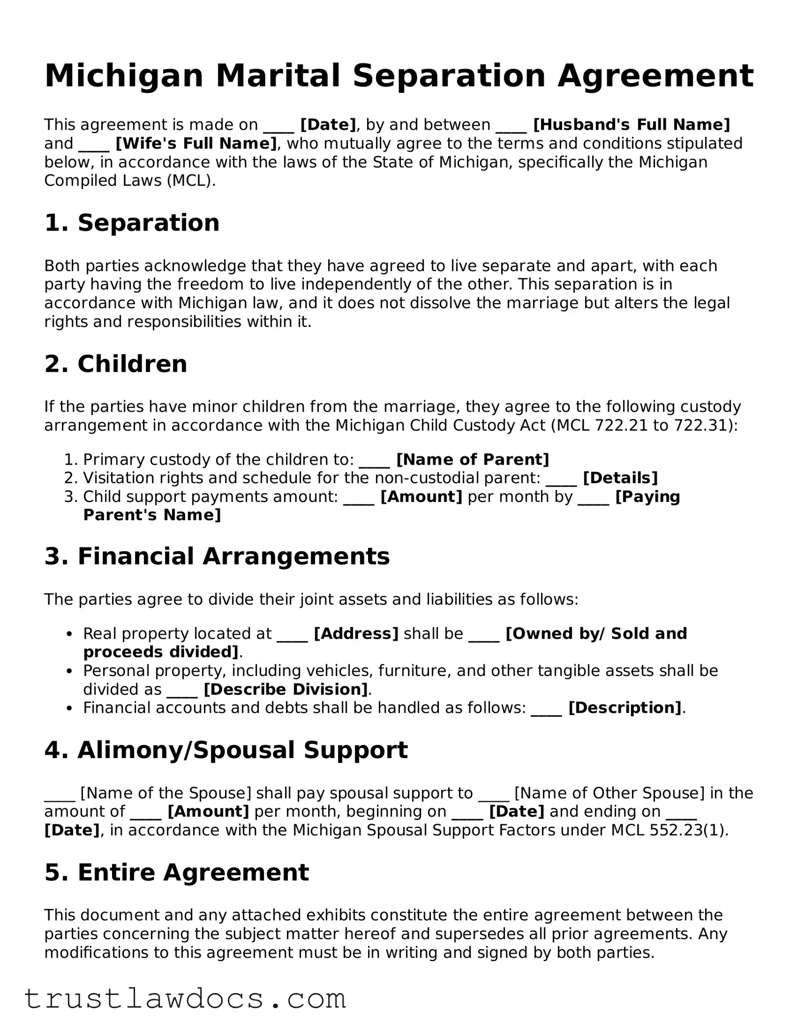 Free  Marital Separation Agreement Form for Michigan