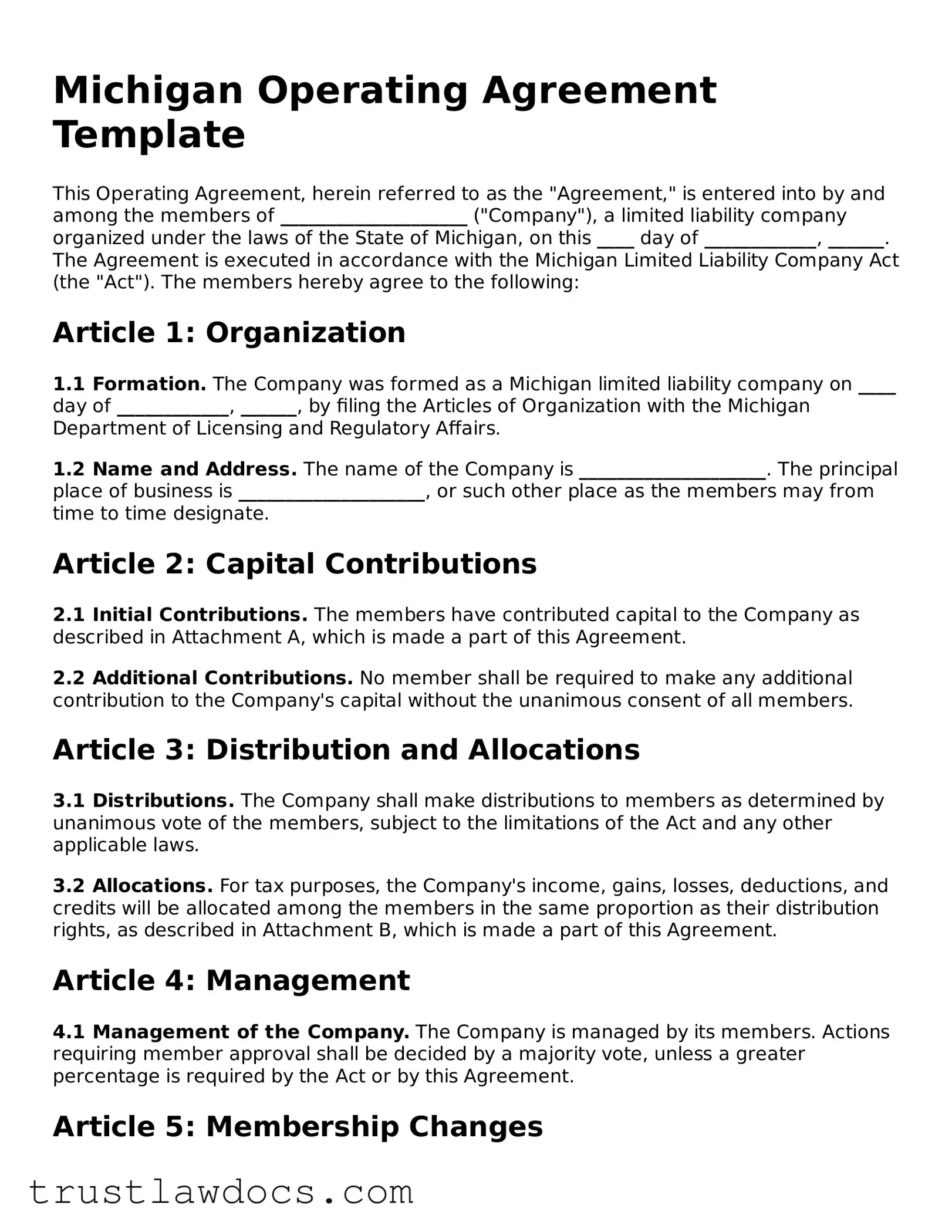 Free  Operating Agreement Form for Michigan