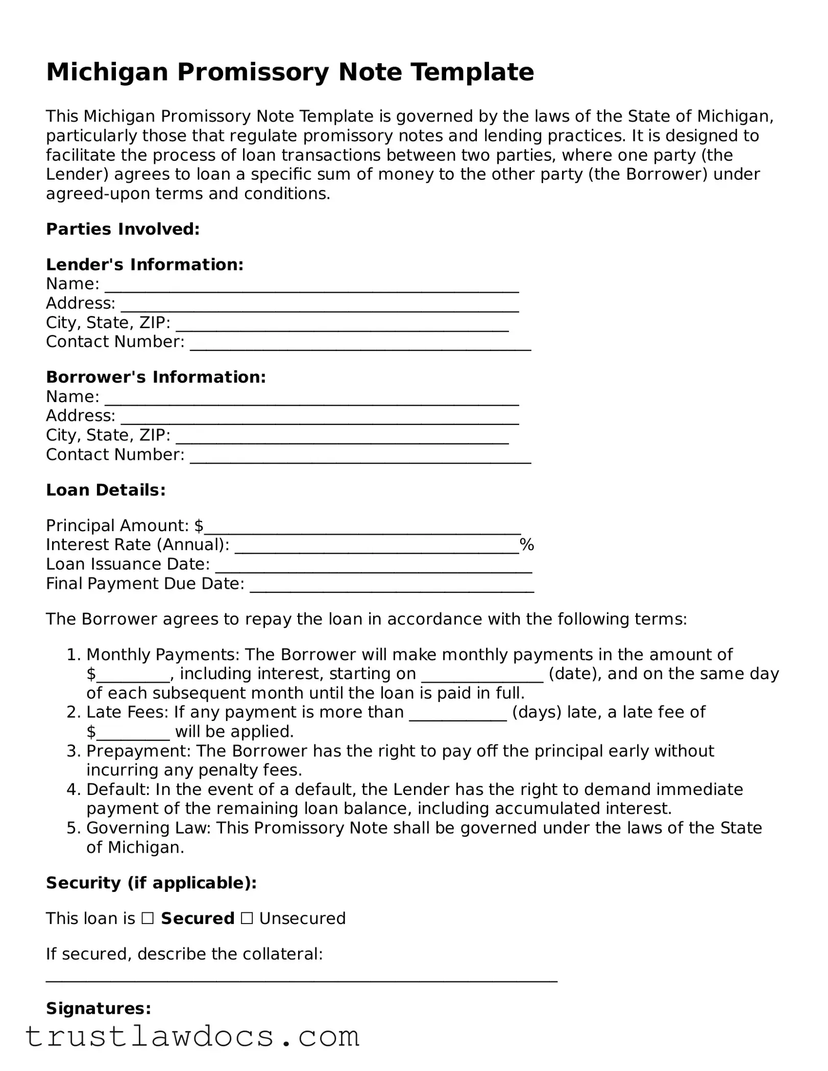 Free  Promissory Note Form for Michigan