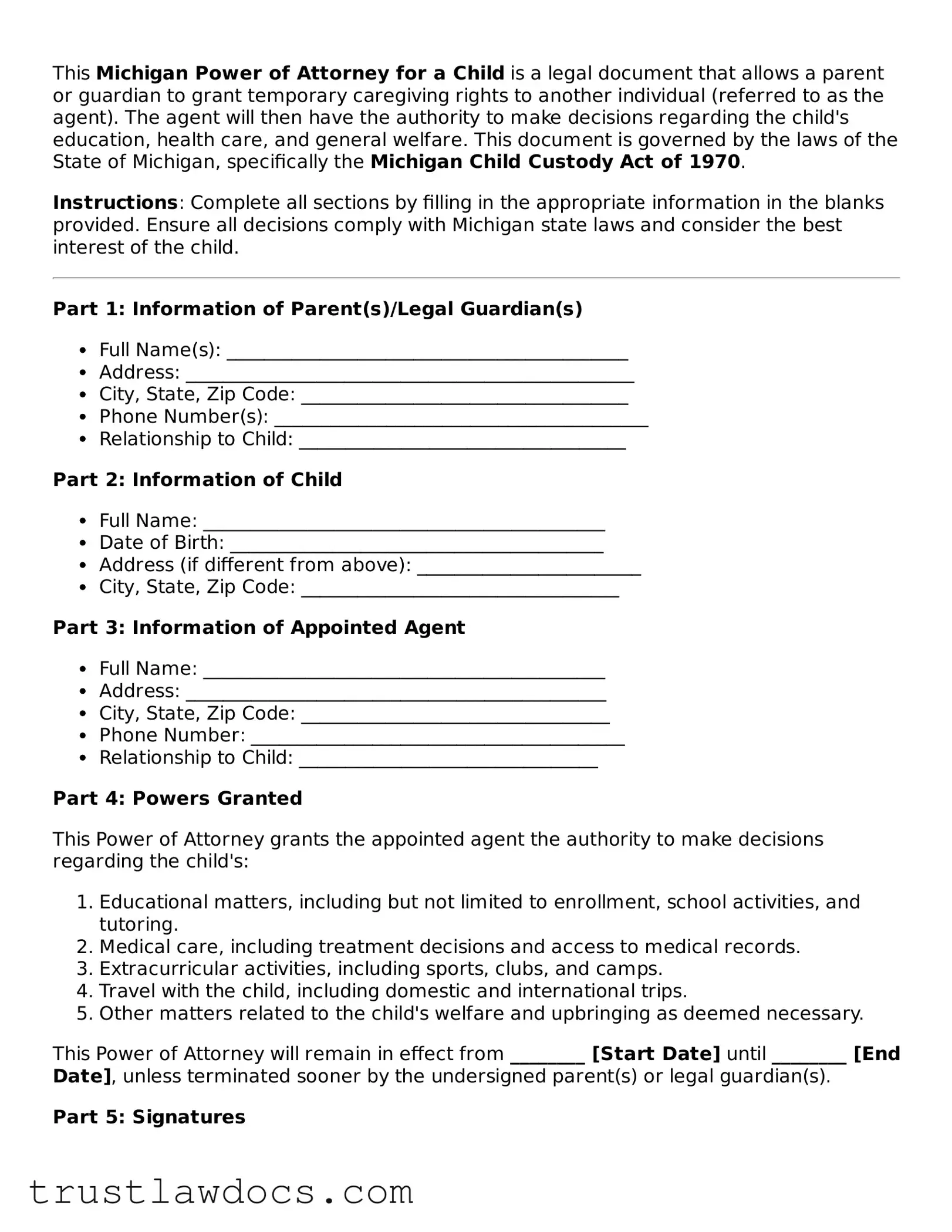 Free  Power of Attorney for a Child Form for Michigan