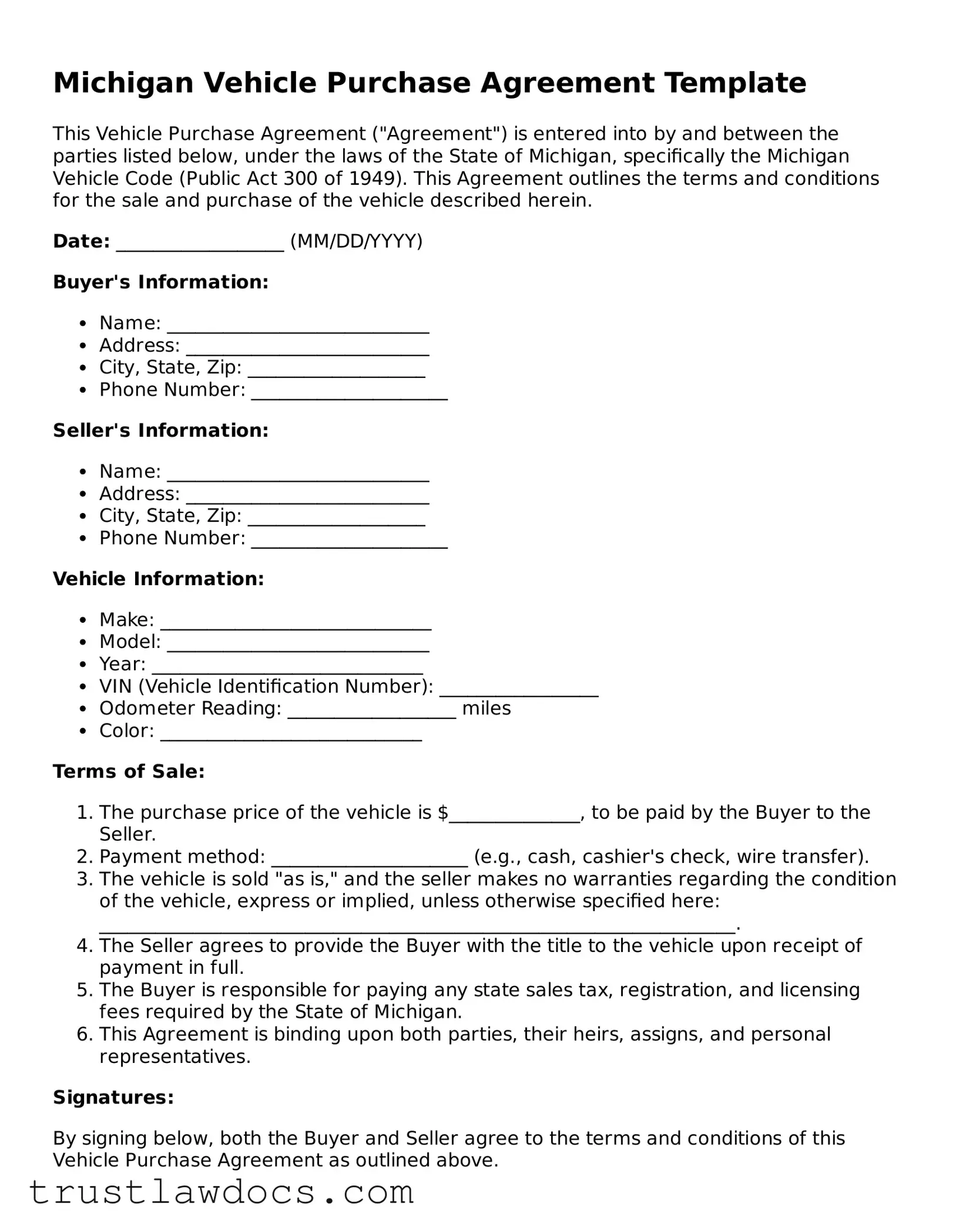 Free  Vehicle Purchase Agreement Form for Michigan