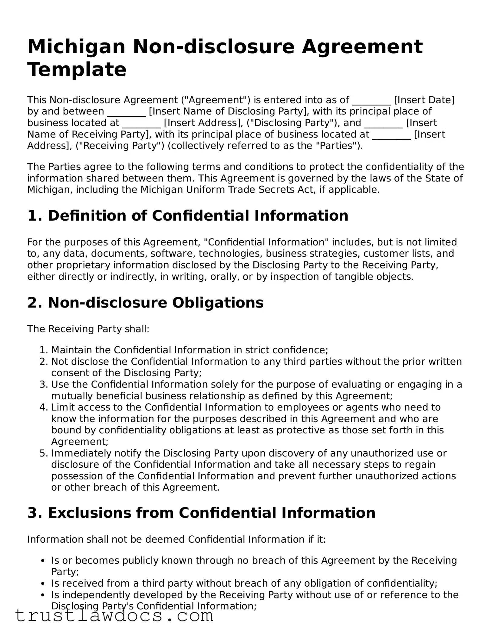 Free  Non-disclosure Agreement Form for Michigan