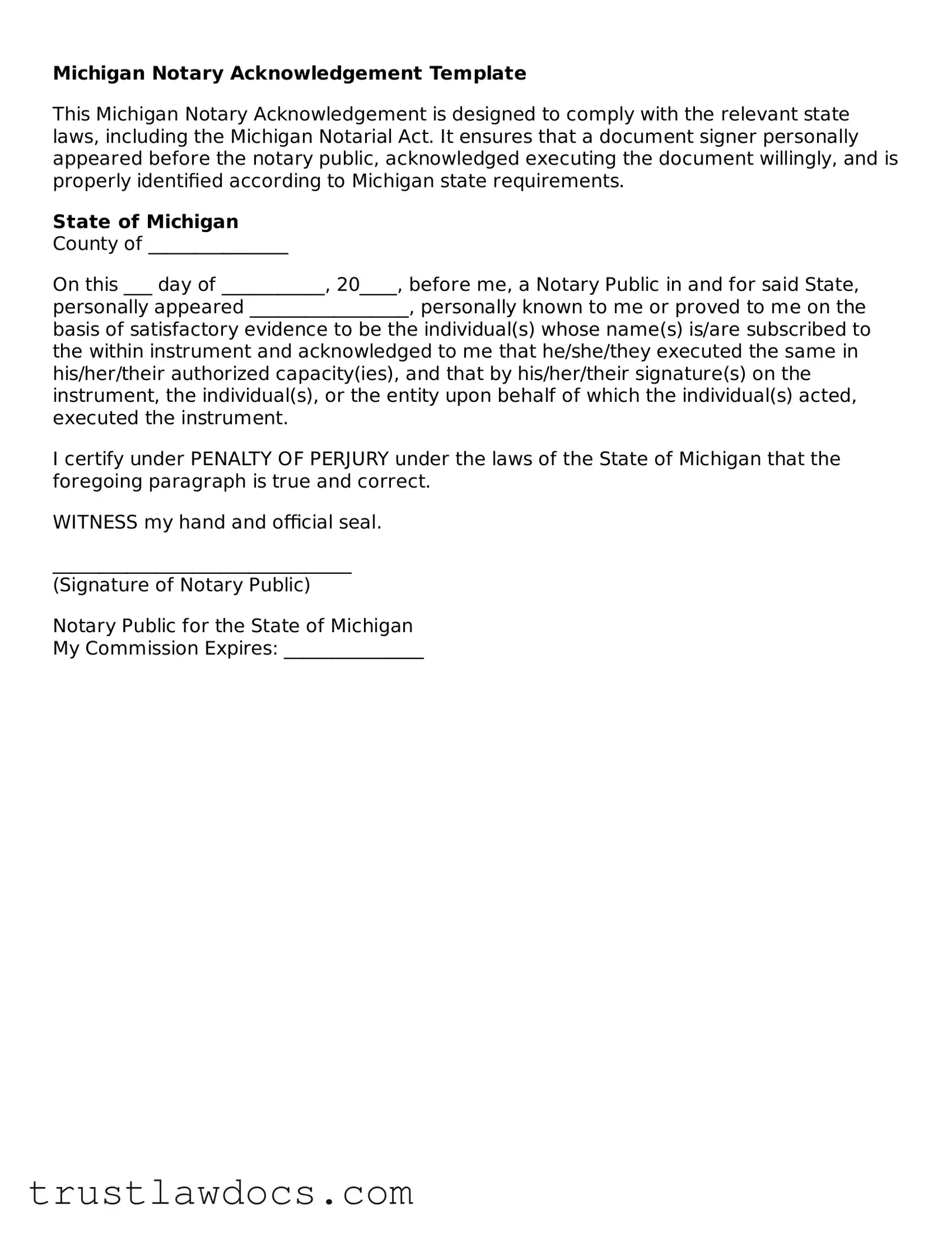 Free  Notary Acknowledgement Form for Michigan