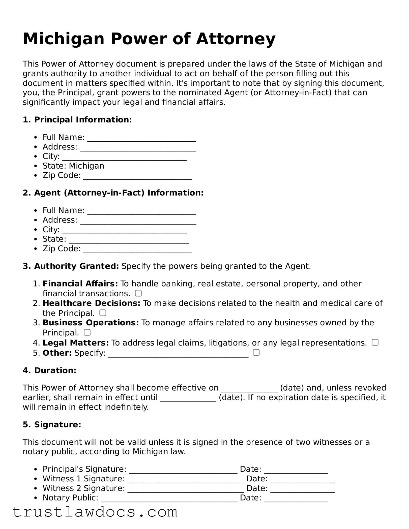 Free  Power of Attorney Form for Michigan