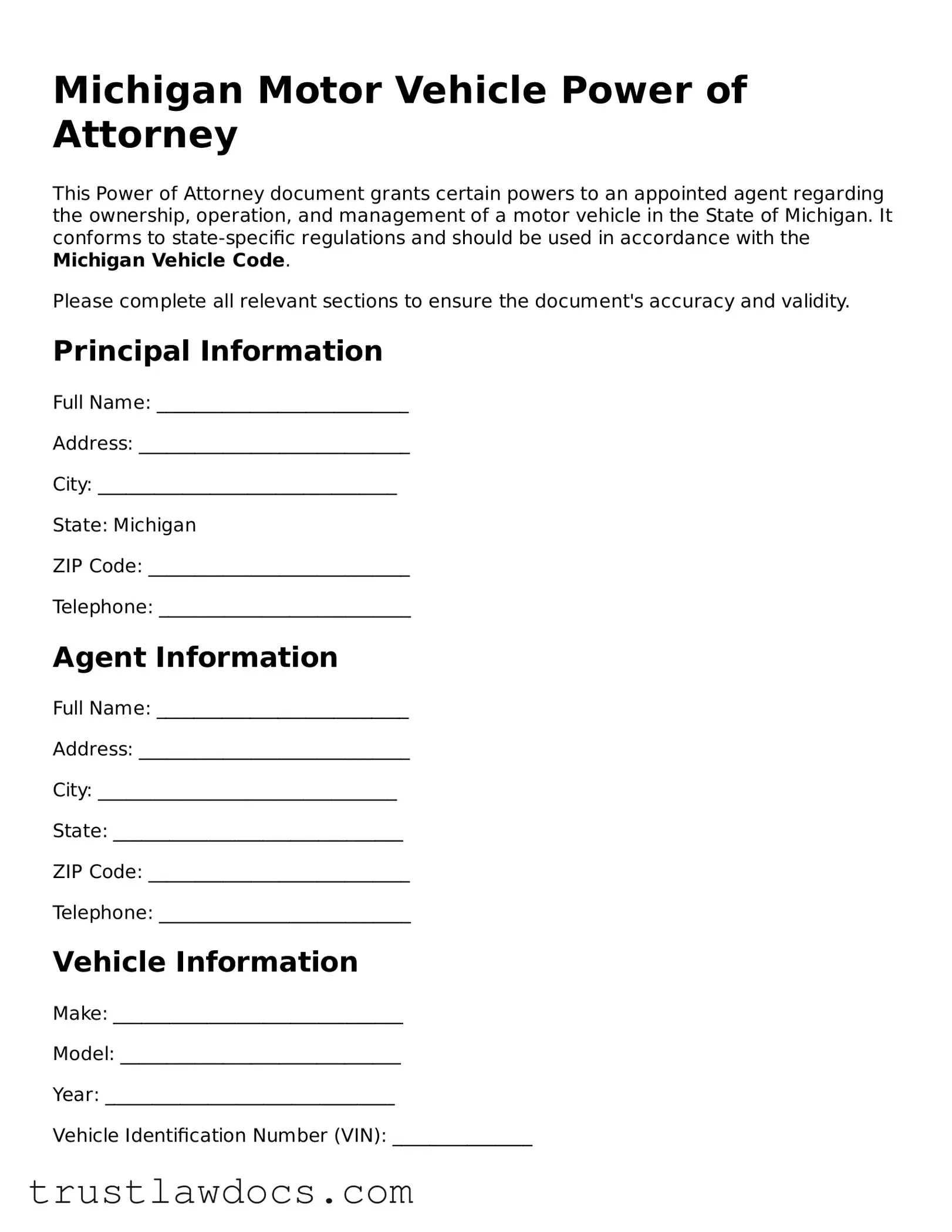 Free  Motor Vehicle Power of Attorney Form for Michigan