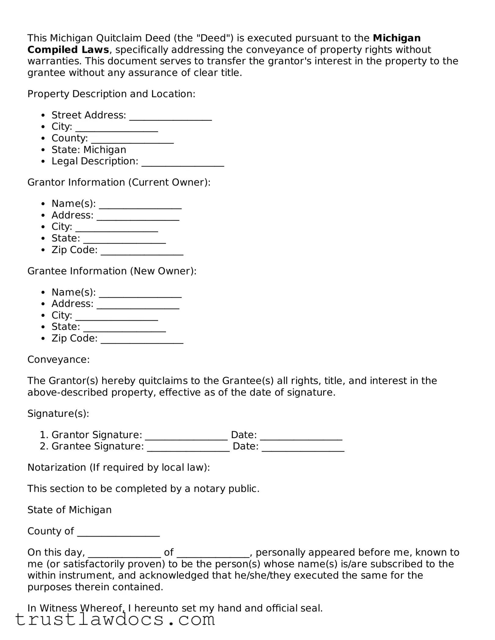 Free  Quitclaim Deed Form for Michigan