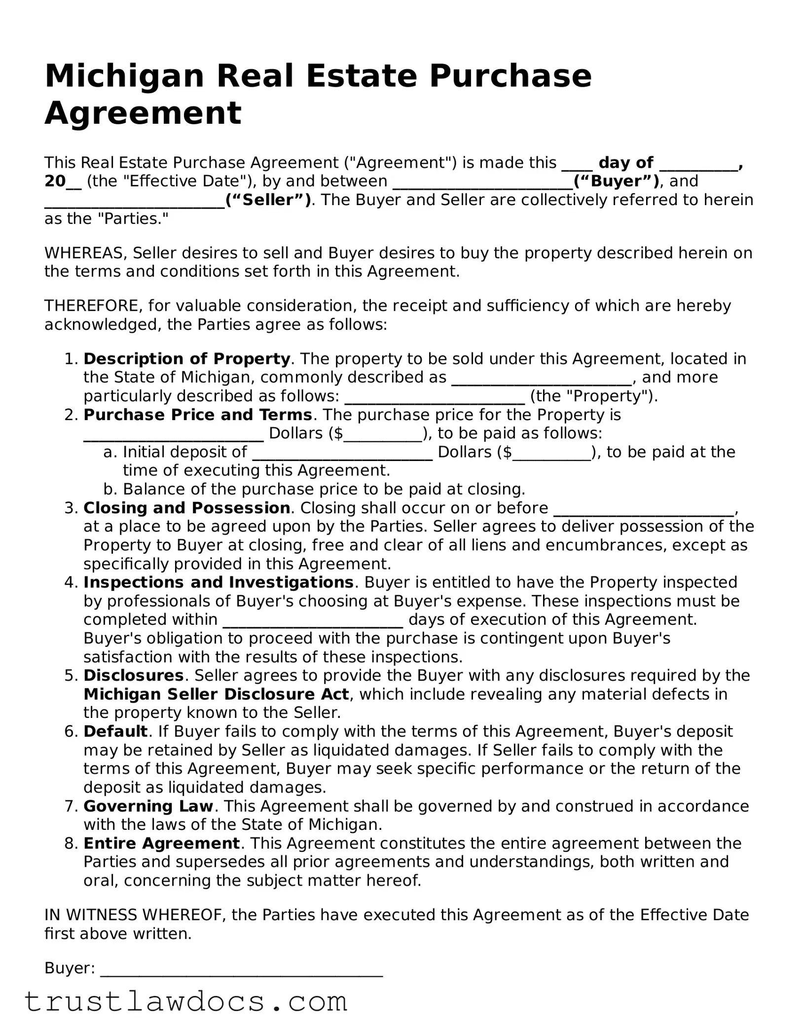 Free  Real Estate Purchase Agreement Form for Michigan