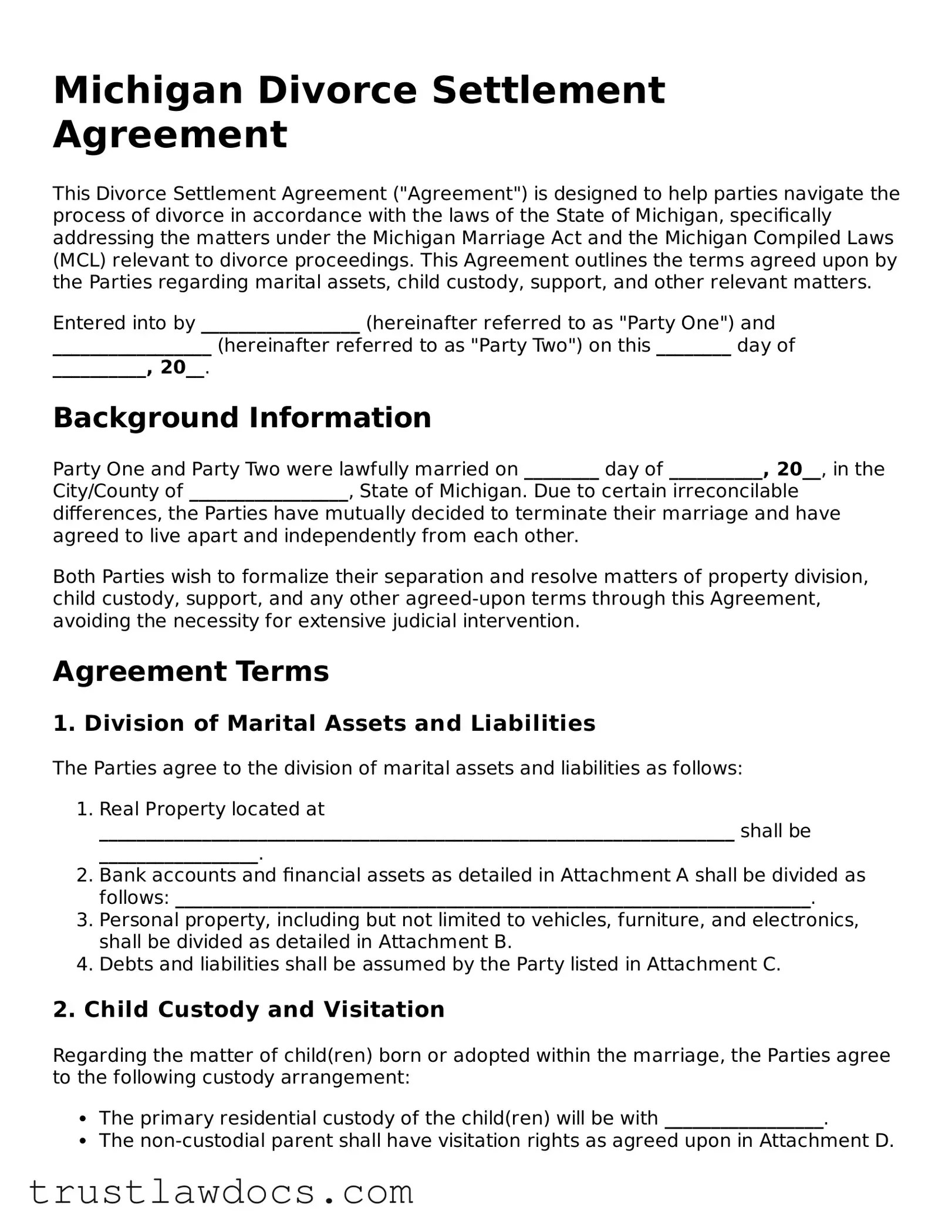 Free  Divorce Settlement Agreement Form for Michigan