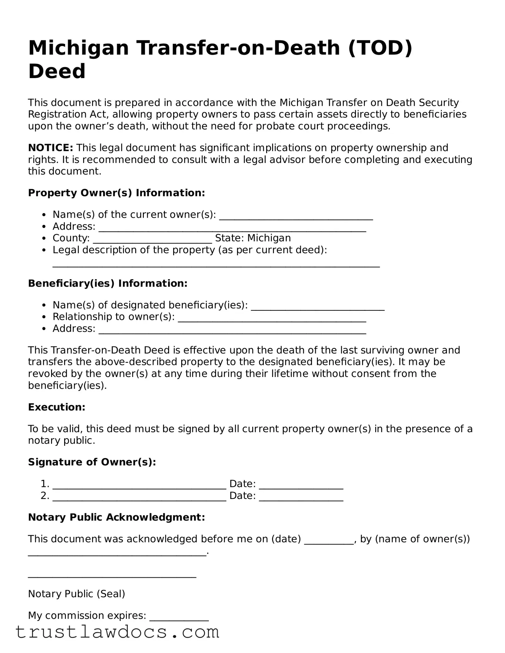 Free  Transfer-on-Death Deed Form for Michigan