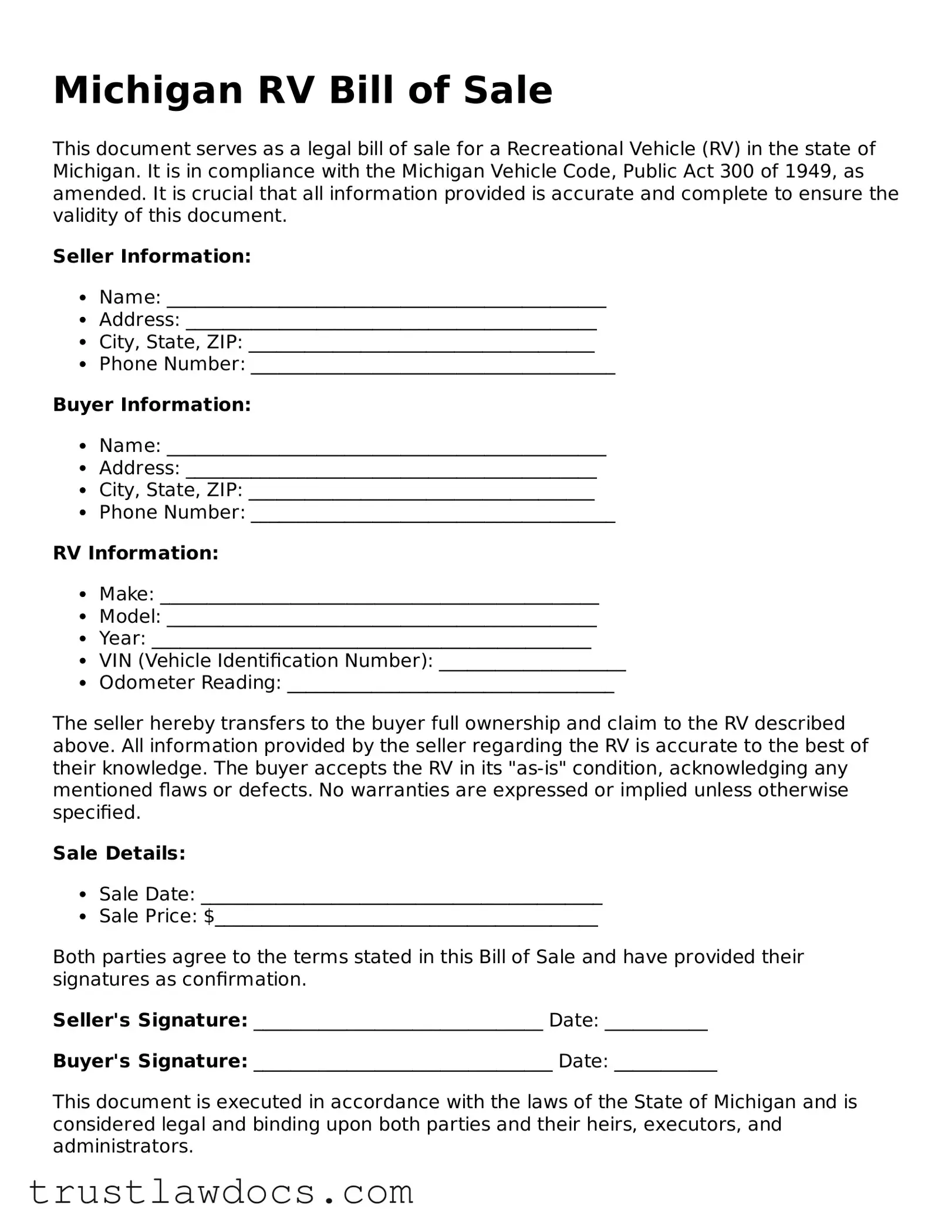 Free  RV Bill of Sale Form for Michigan