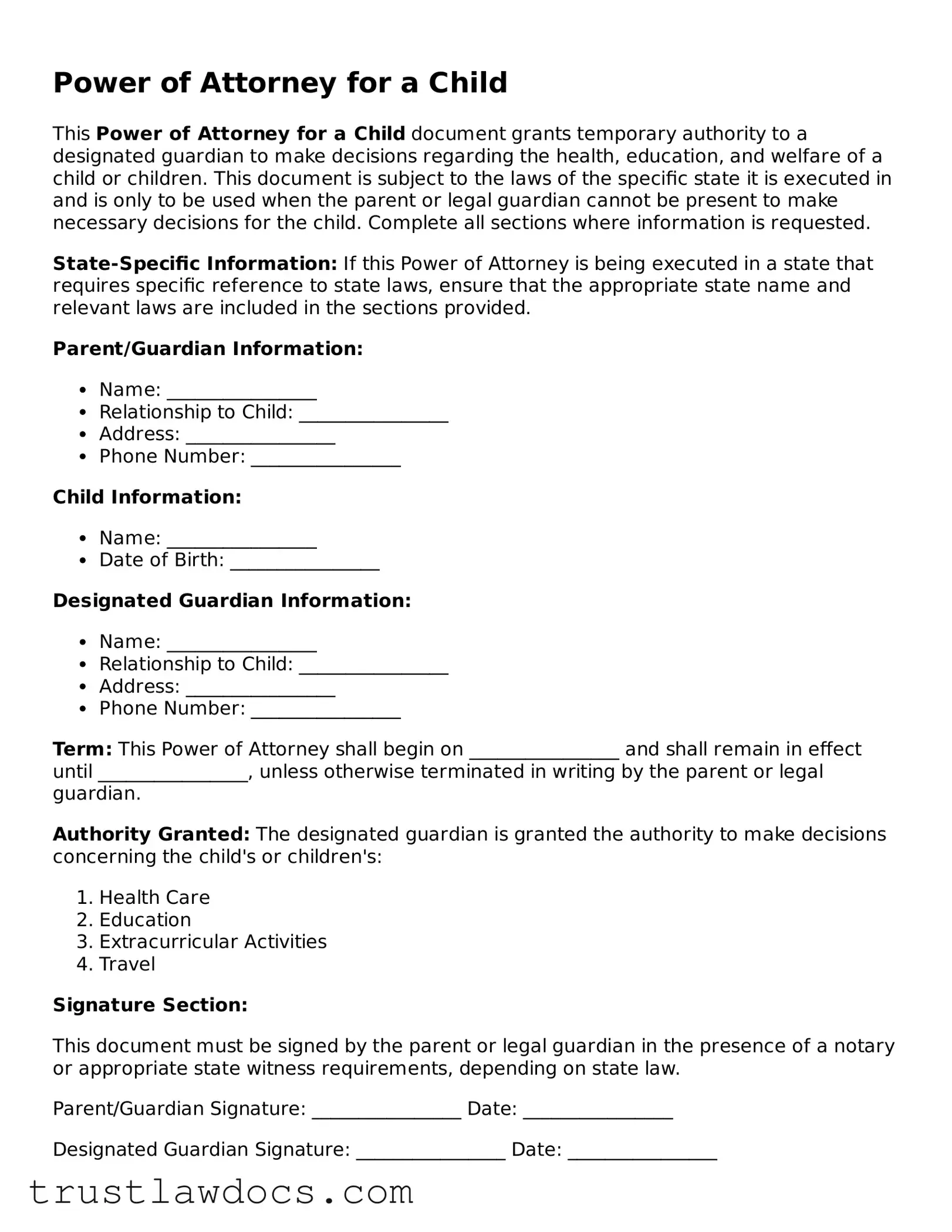 Official Power of Attorney for a Child Document
